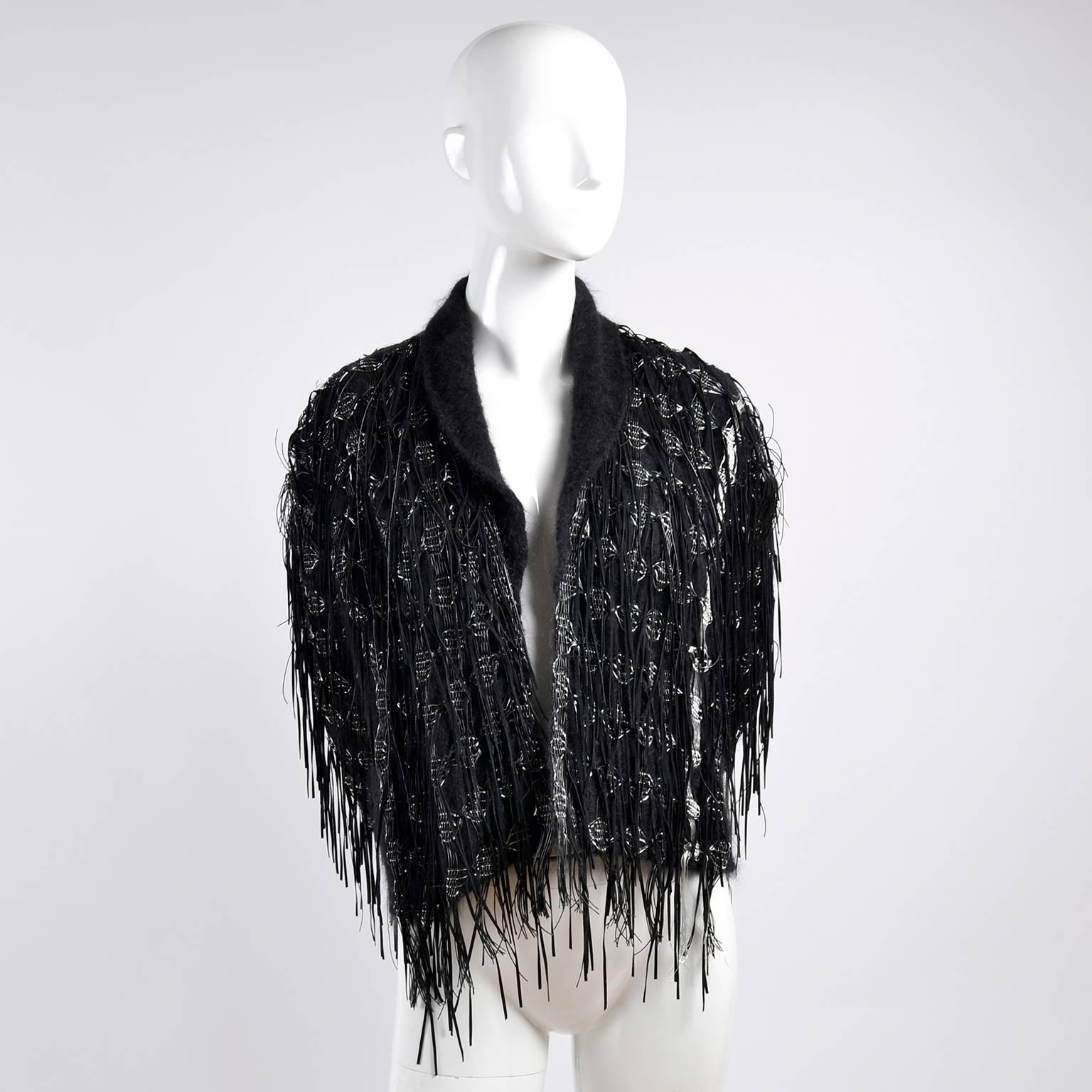 Lainey Keogh Ireland Hand Knit Silk Wool Leather Fringe Metallic Sweater Jacket  5