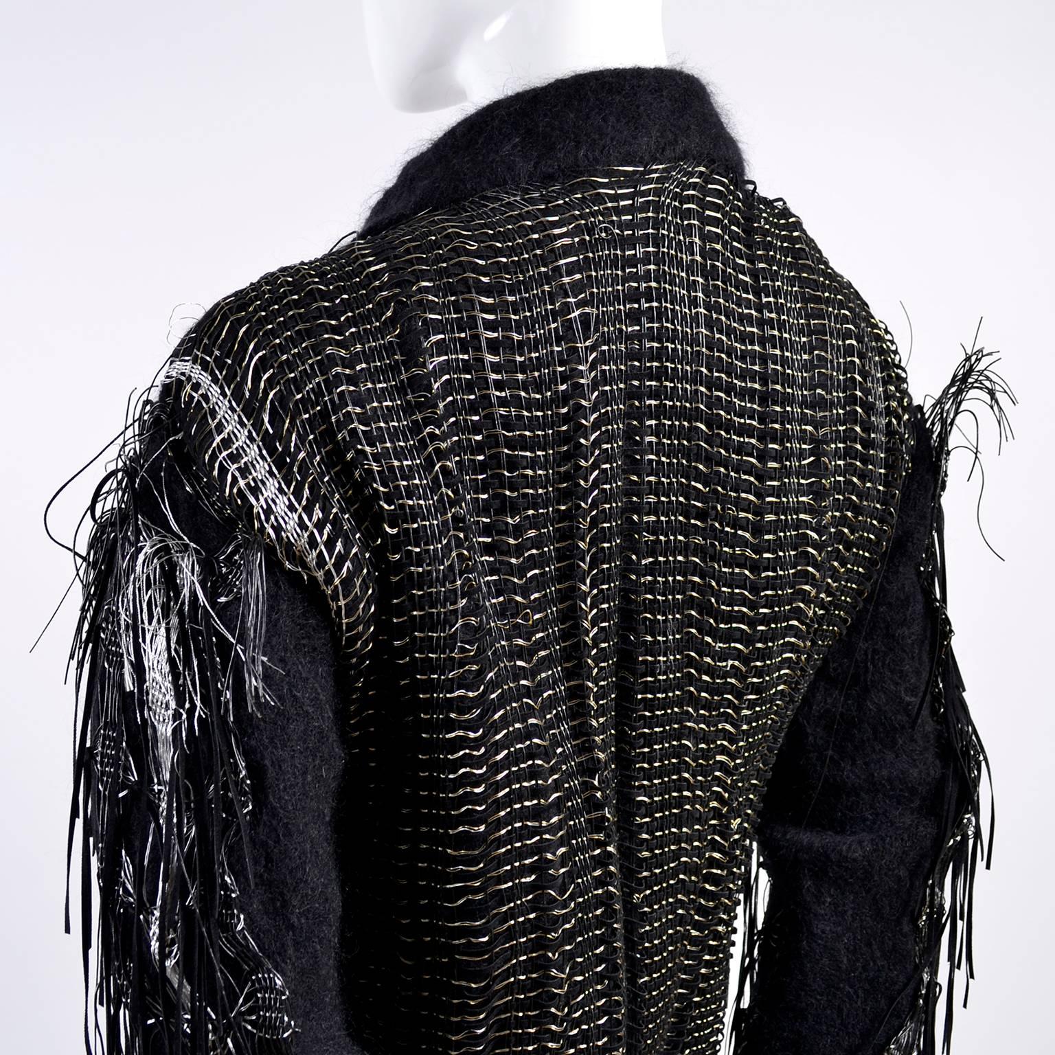 Black Lainey Keogh Ireland Hand Knit Silk Wool Leather Fringe Metallic Sweater Jacket 