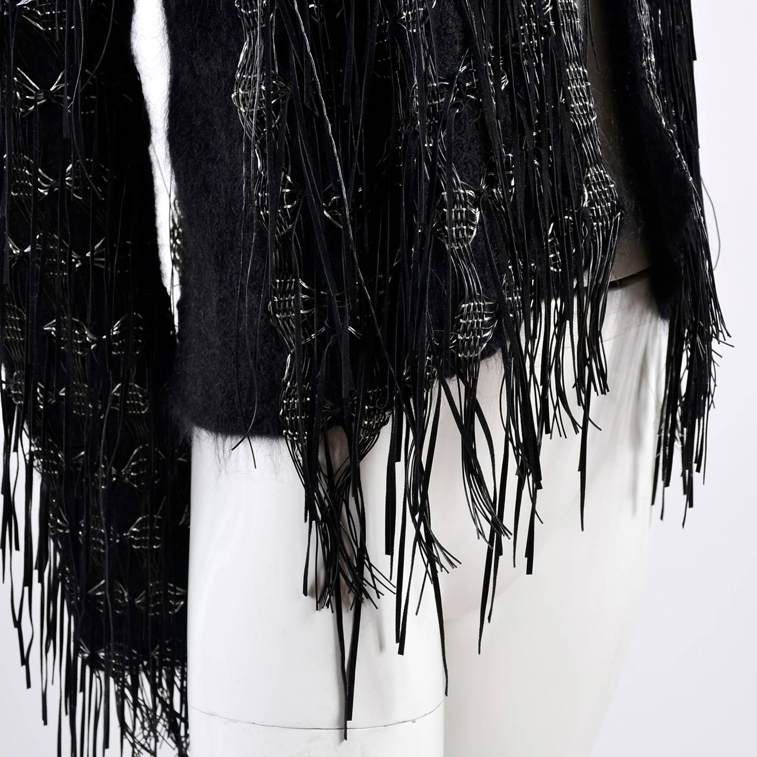 Lainey Keogh Ireland Hand Knit Silk Wool Leather Fringe Metallic Sweater Jacket  In Excellent Condition In Portland, OR