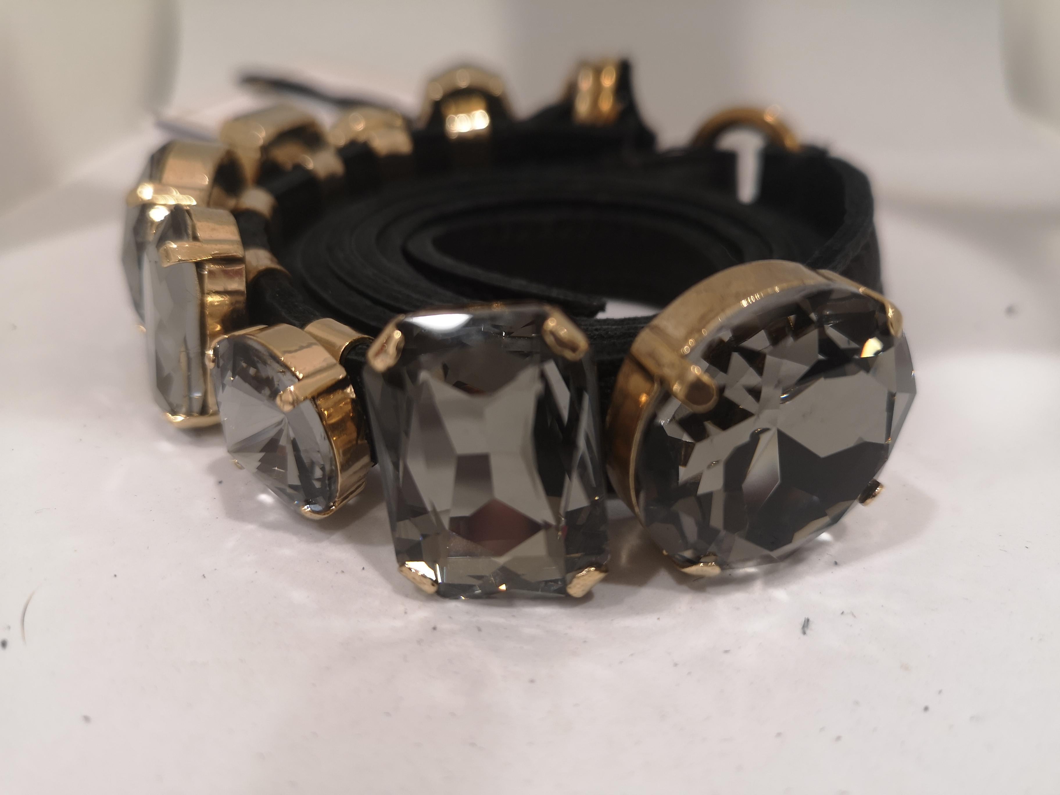 Laino Gold tone hardware black swarovski stones black leather belt NWOT 1