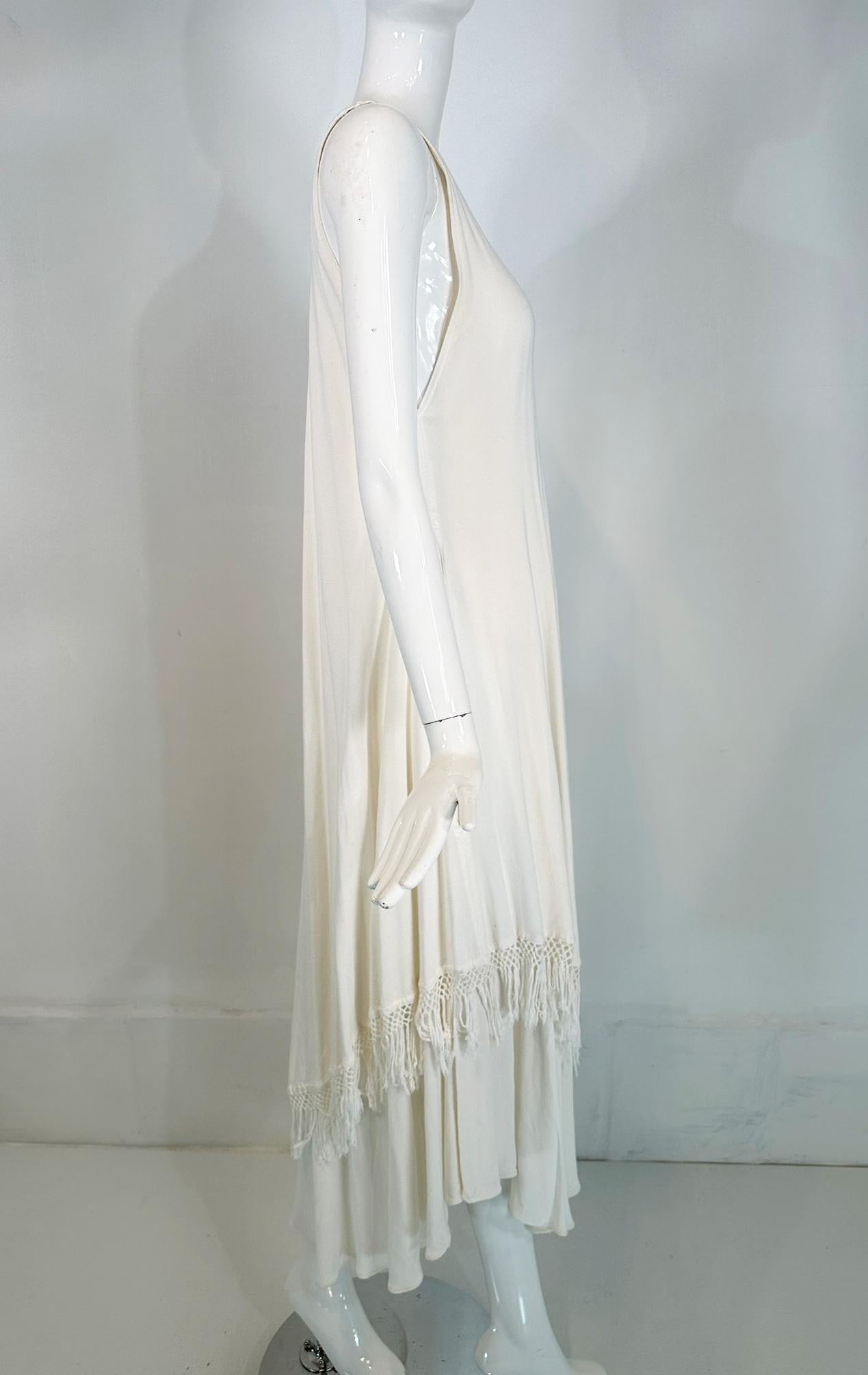 Laise Adzer Off White Racer Shoulder Maxi Layered Fringe Hem Sleeveless Dress For Sale 6