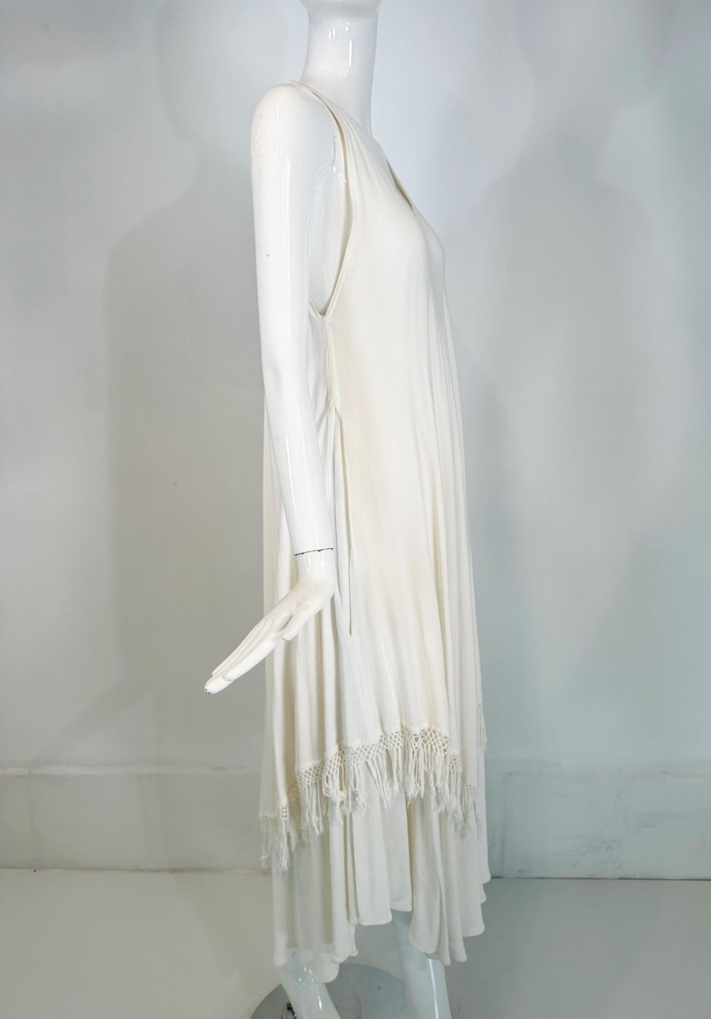 Laise Adzer Off White Racer Shoulder Maxi Layered Fringe Hem Sleeveless Dress For Sale 7
