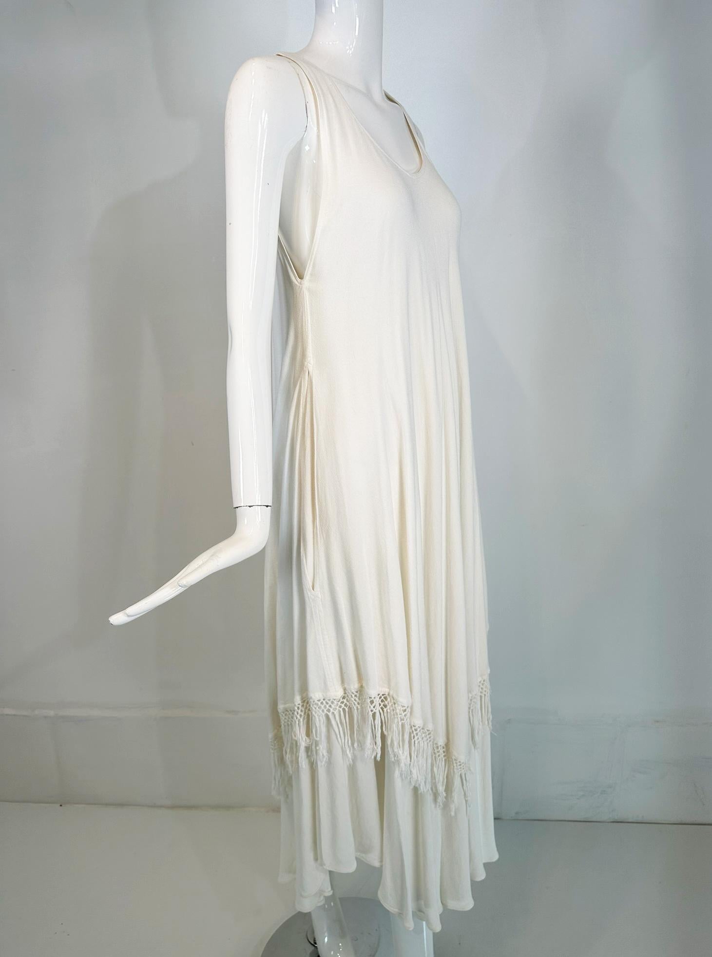 Laise Adzer Off White Racer Shoulder Maxi Layered Fringe Hem Sleeveless Dress For Sale 8
