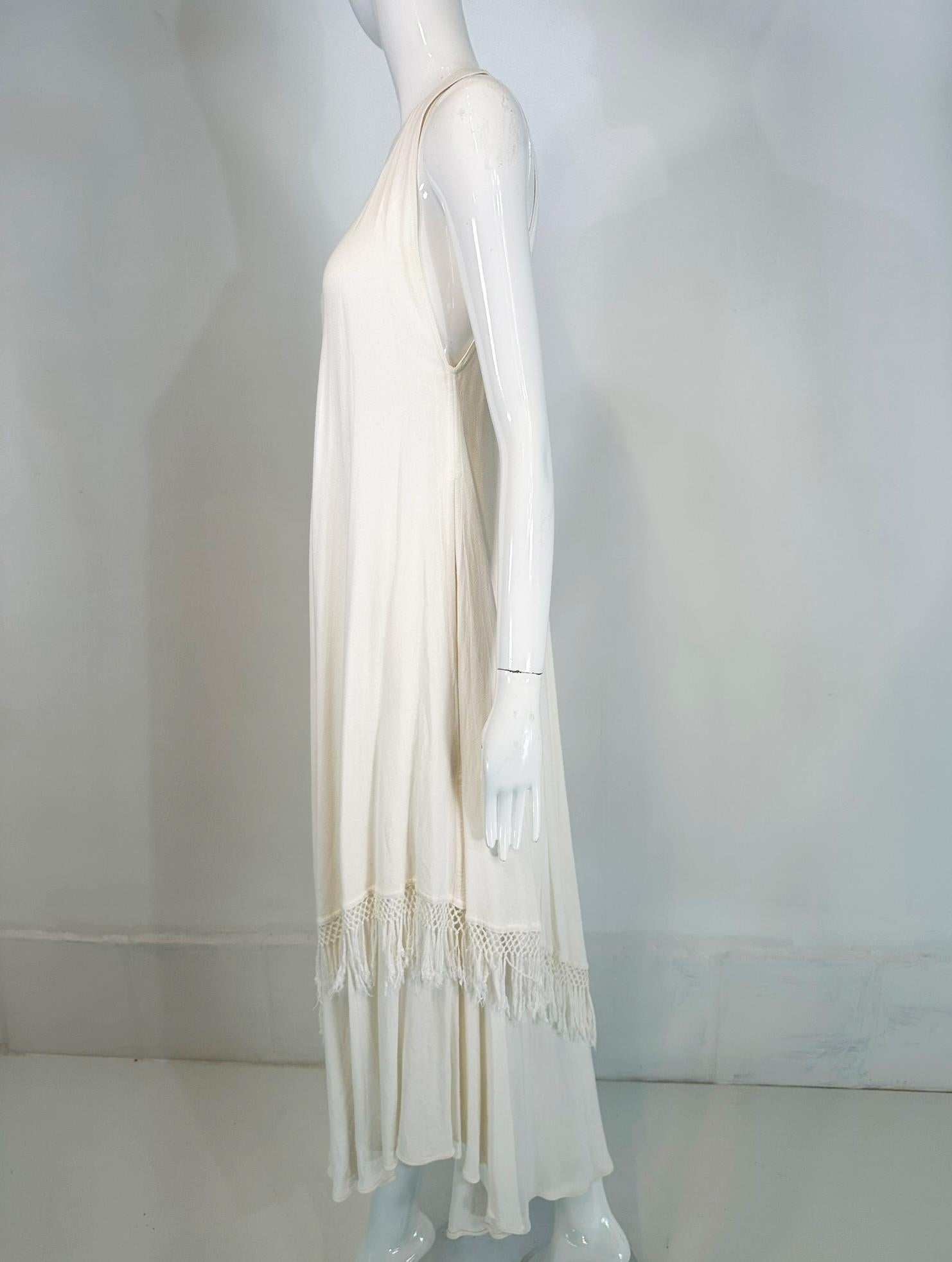 Laise Adzer Off White Racer Shoulder Maxi Layered Fringe Hem Sleeveless Dress In Good Condition For Sale In West Palm Beach, FL