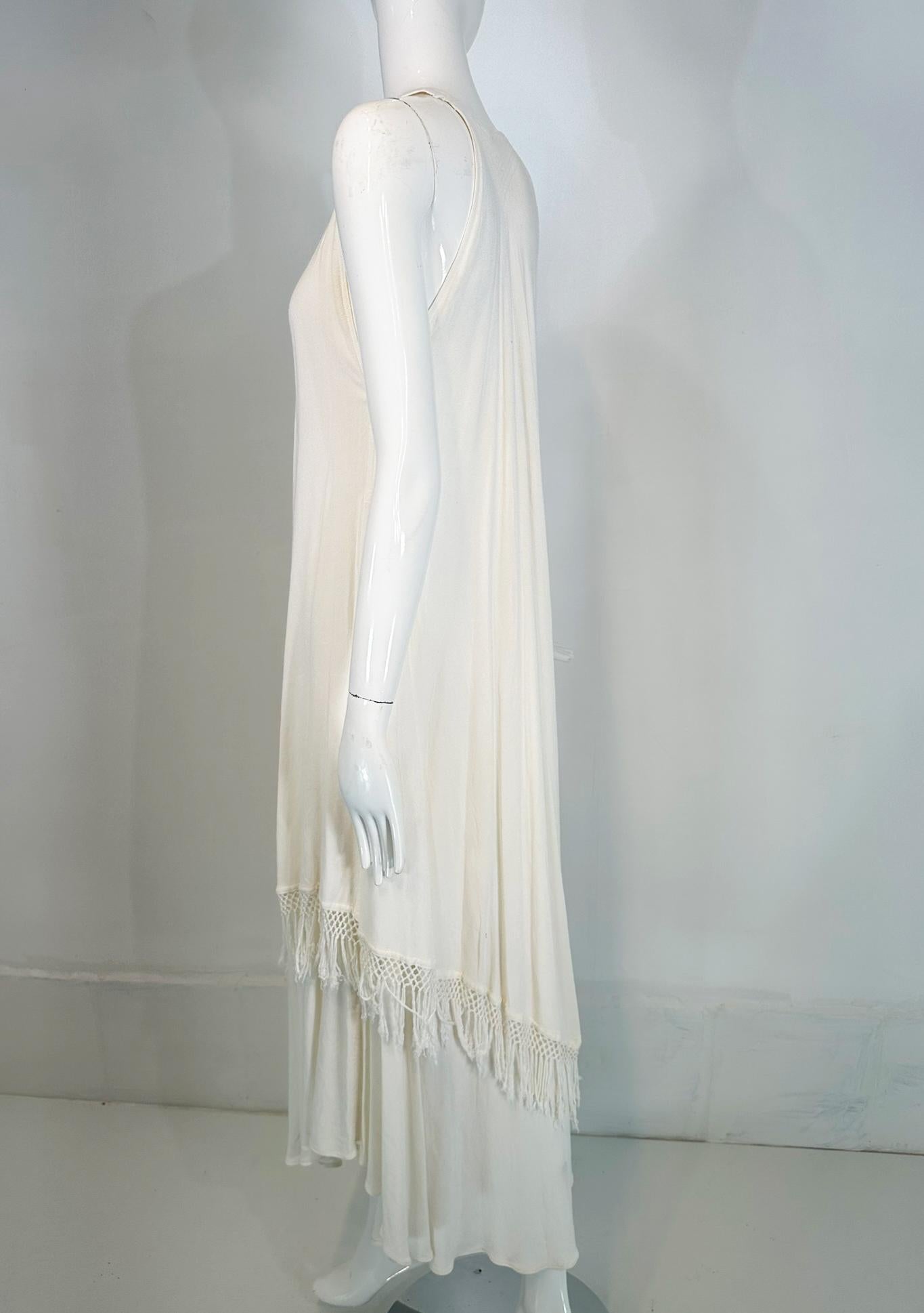 Women's Laise Adzer Off White Racer Shoulder Maxi Layered Fringe Hem Sleeveless Dress For Sale
