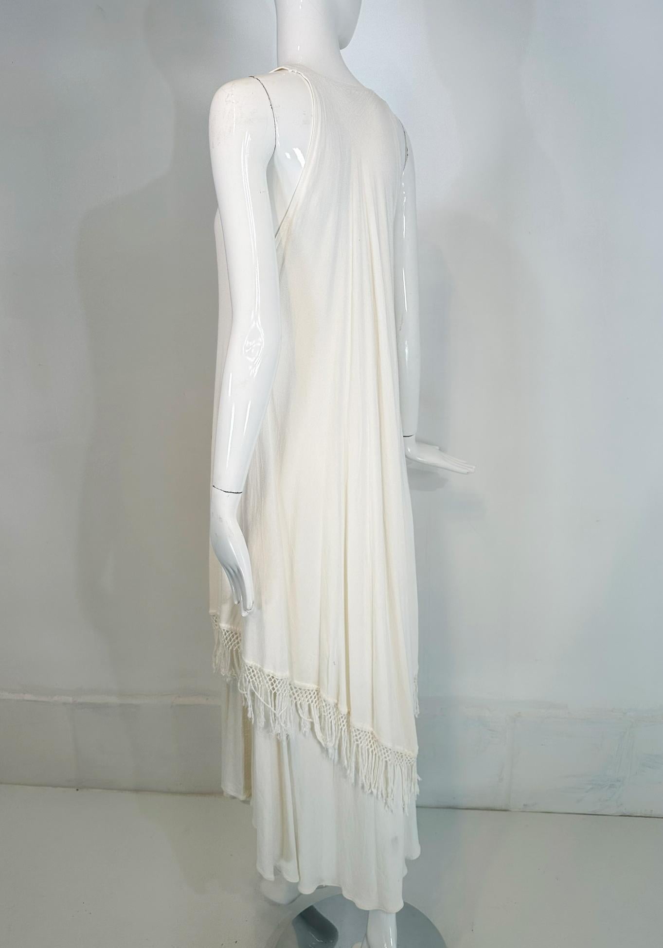 Laise Adzer Off White Racer Shoulder Maxi Layered Fringe Hem Sleeveless Dress For Sale 1