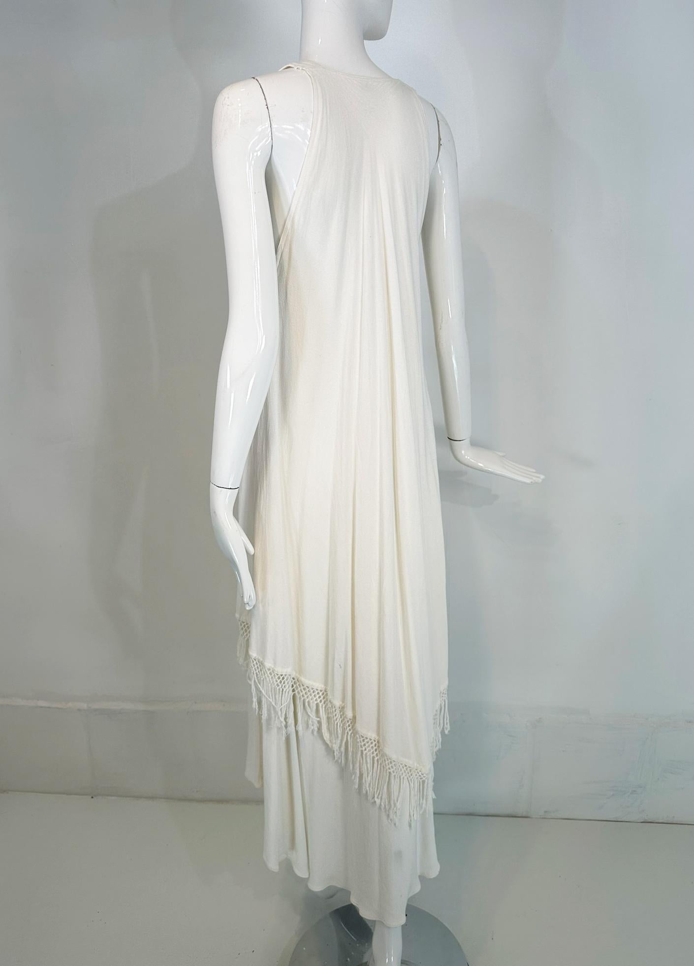 Laise Adzer Off White Racer Shoulder Maxi Layered Fringe Hem Sleeveless Dress For Sale 2