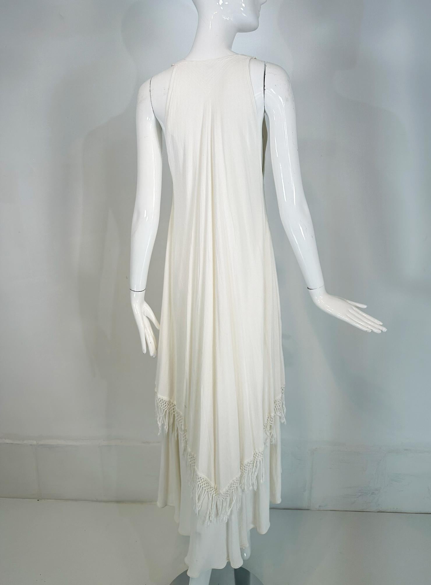 Laise Adzer Off White Racer Shoulder Maxi Layered Fringe Hem Sleeveless Dress For Sale 3