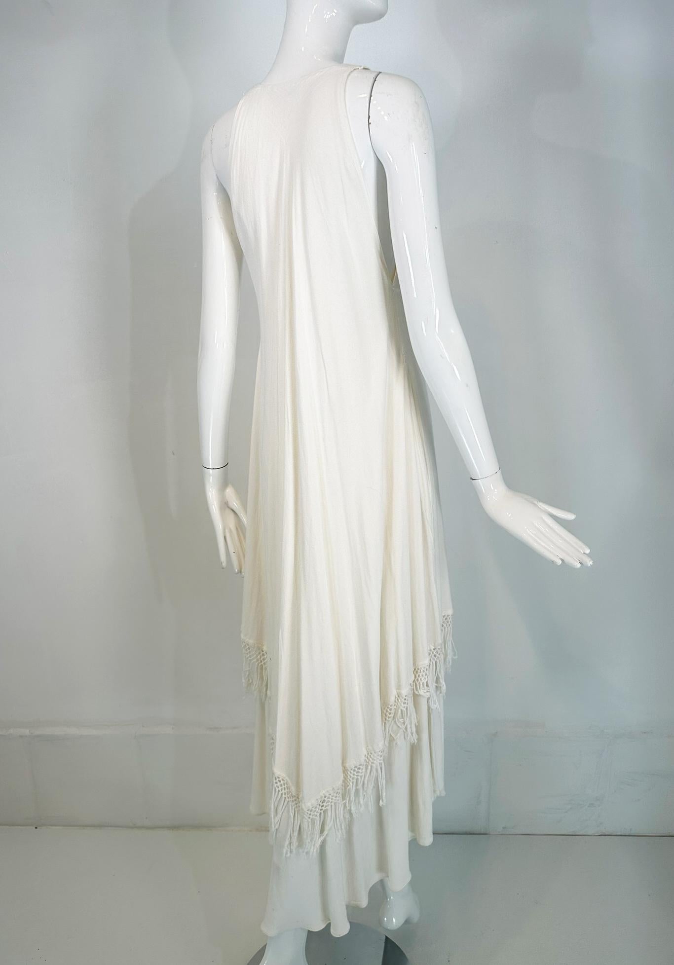 Laise Adzer Off White Racer Shoulder Maxi Layered Fringe Hem Sleeveless Dress For Sale 4