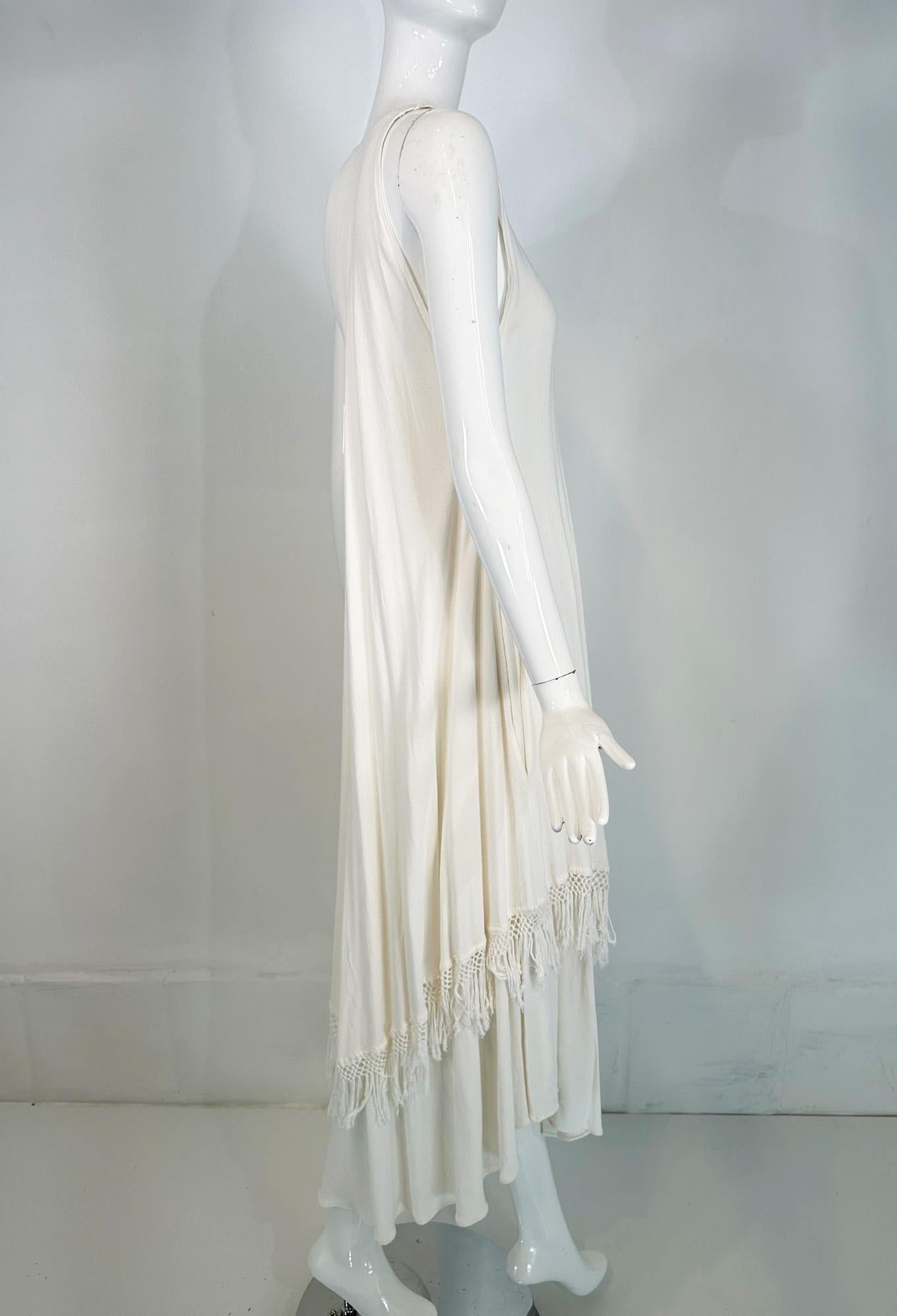 Laise Adzer Off White Racer Shoulder Maxi Layered Fringe Hem Sleeveless Dress For Sale 5