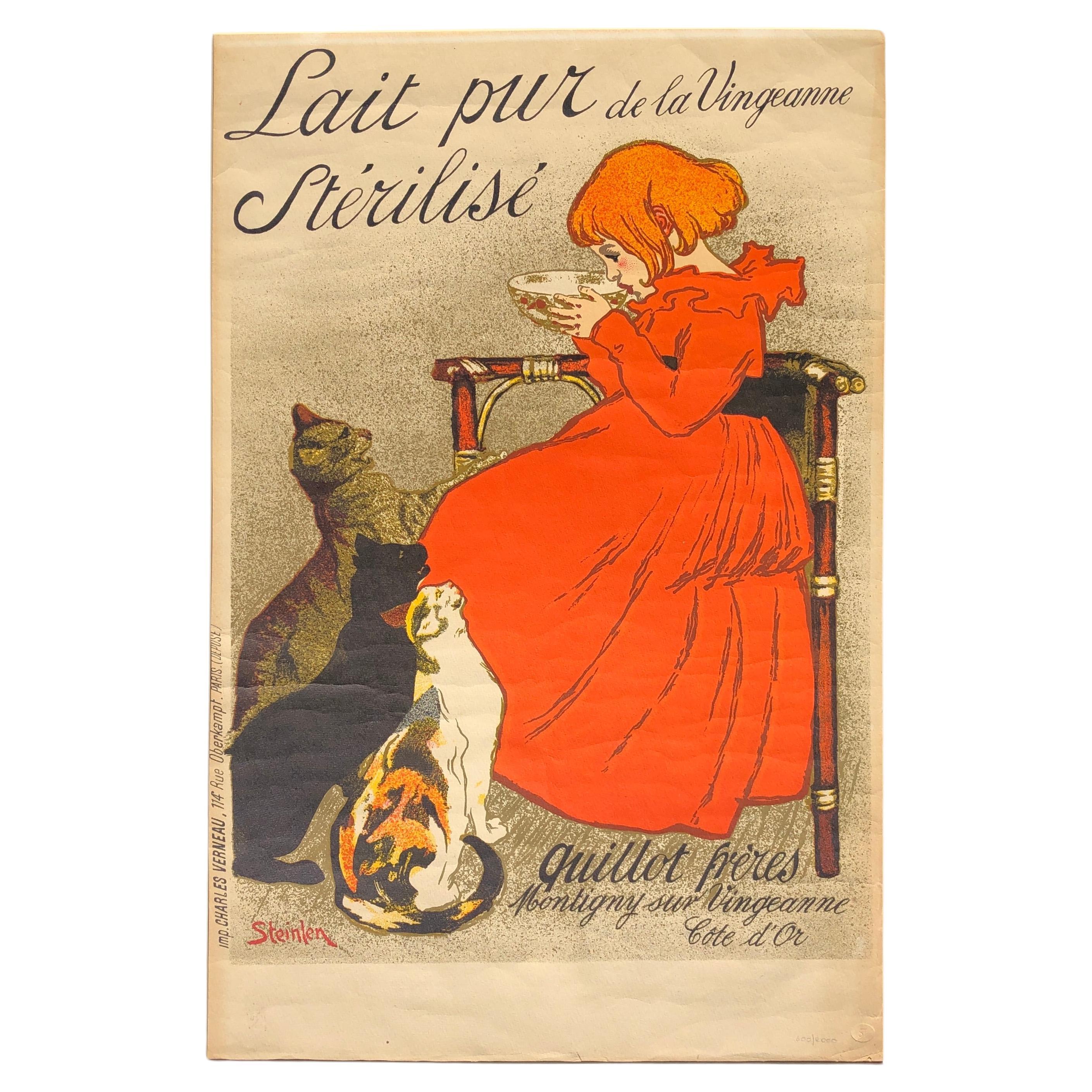 Lait Pur Sterilise  - Affiche vintage de la lithographie Art nouveau de T.A. Steinlen en vente