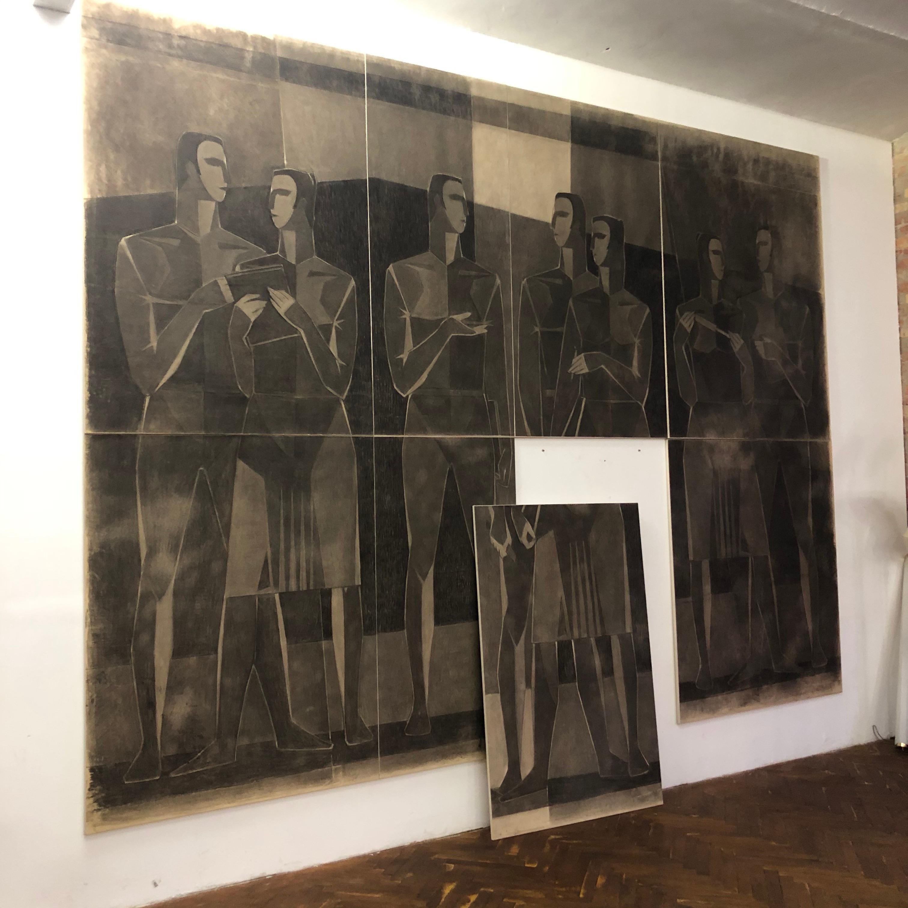 Monumental dibujo cubista al carboncillo Papel sobre lienzo Firmado por Lajos Kantor en venta 12