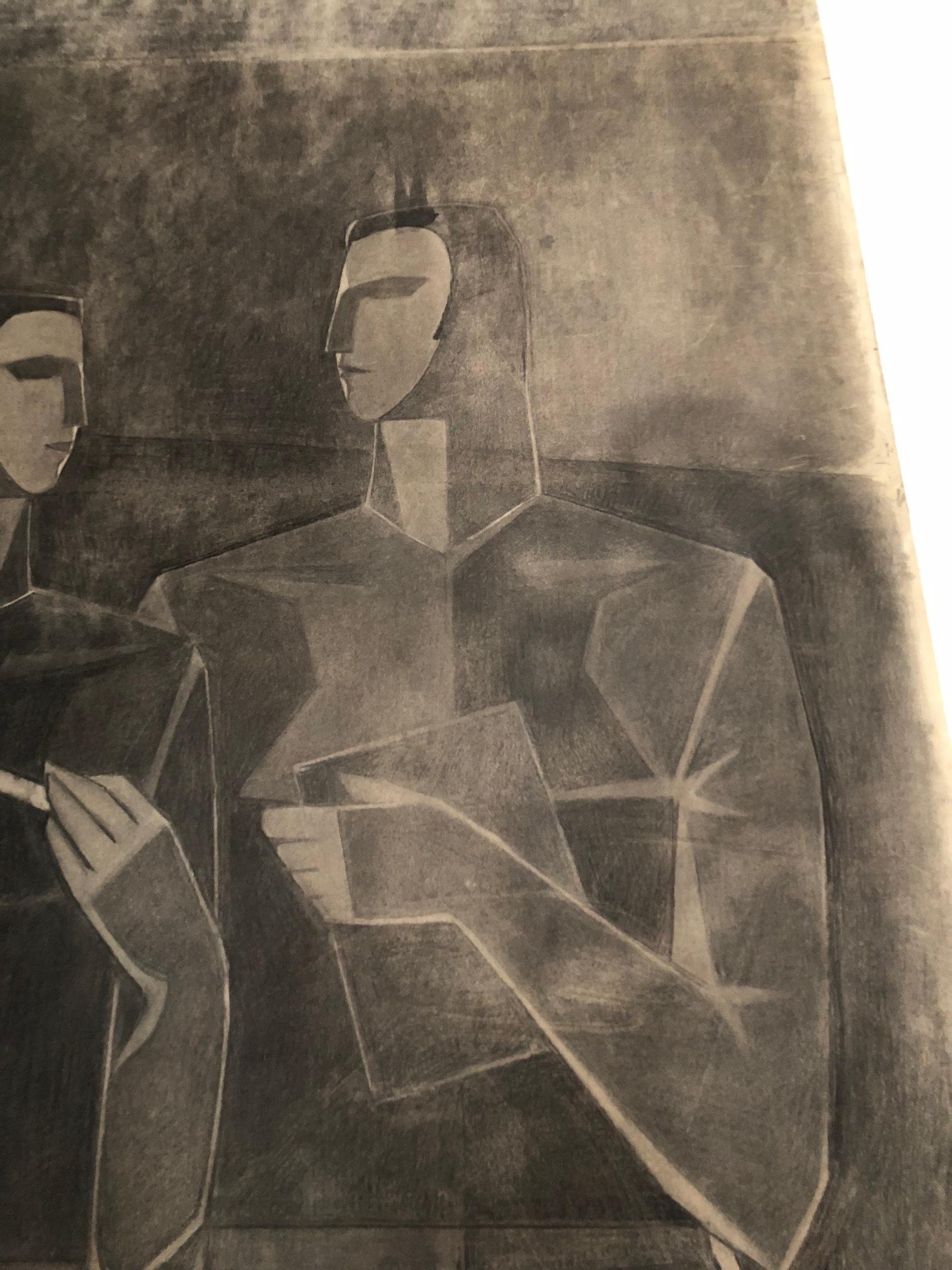 Monumental Cubist Charcoal Drawing Paper on Canvas Signed By Lajos Kantor For Sale 14