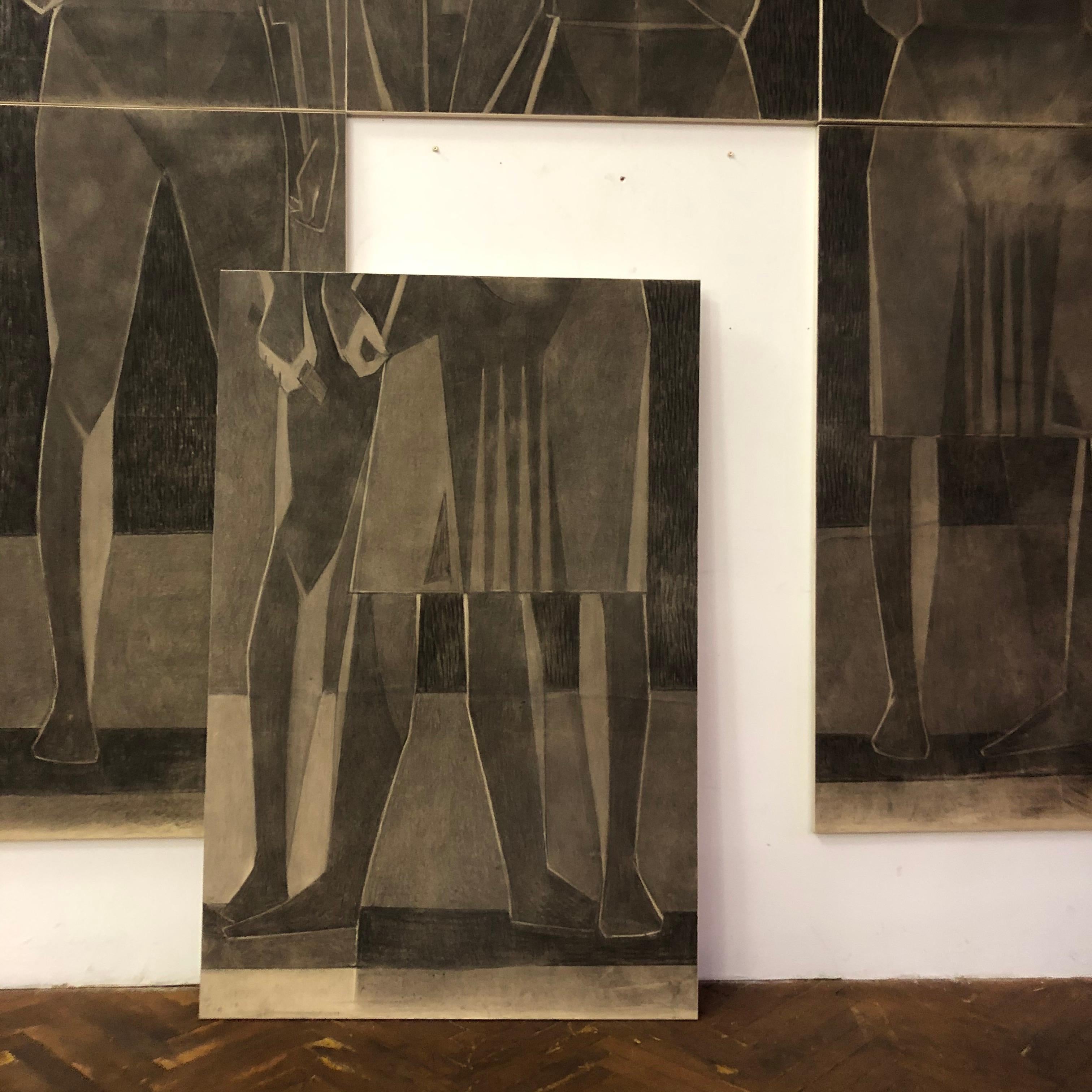 Monumental Cubist Charcoal Drawing Paper on Canvas Signed By Lajos Kantor For Sale 15