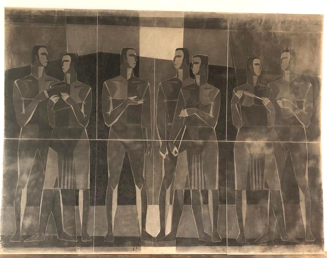 Monumentales kubistisches Kohlezeichnungspapier auf Leinwand, signiert von Lajos Kantor im Angebot 1