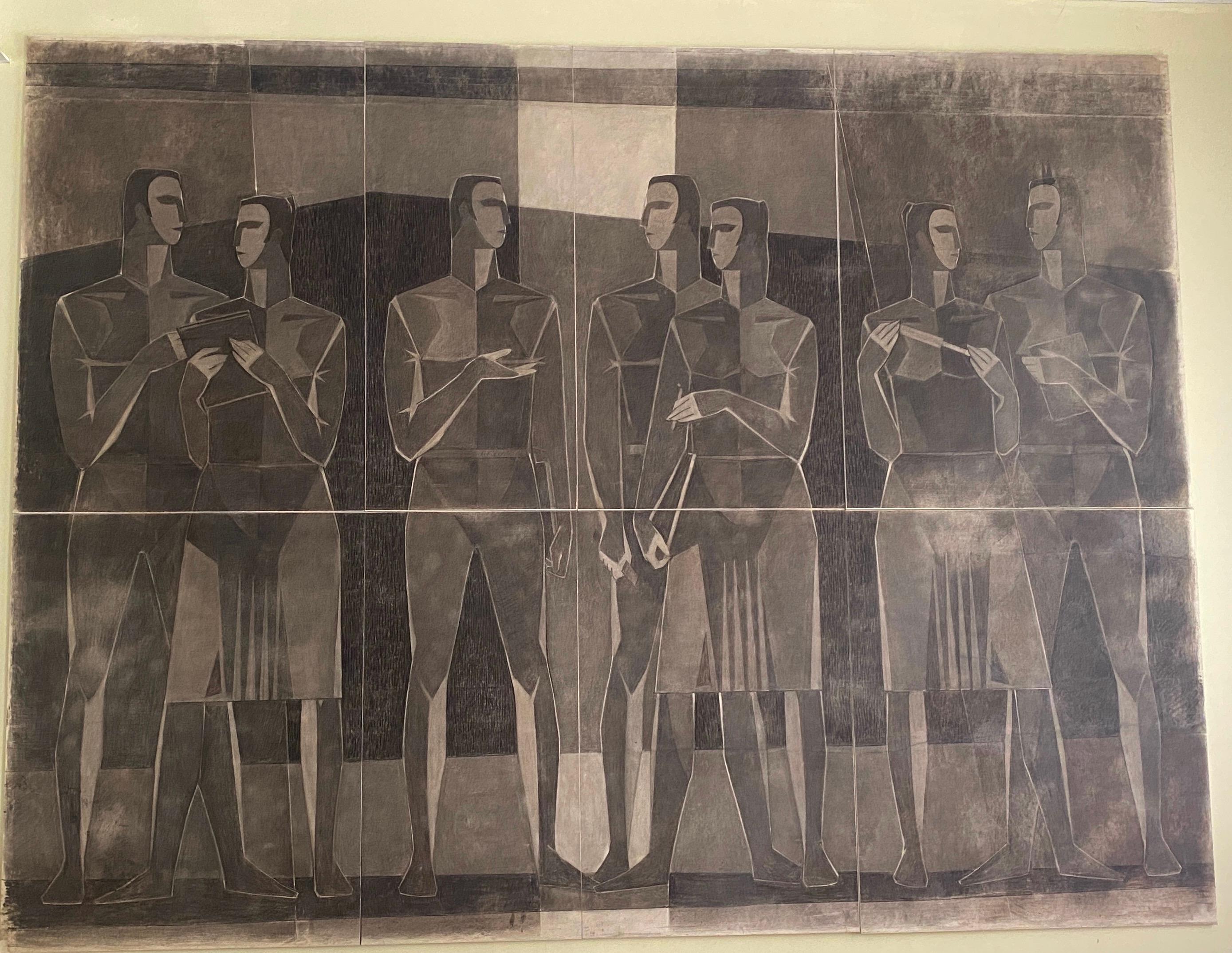 Monumentales kubistisches Kohlezeichnungspapier auf Leinwand, signiert von Lajos Kantor im Angebot 2