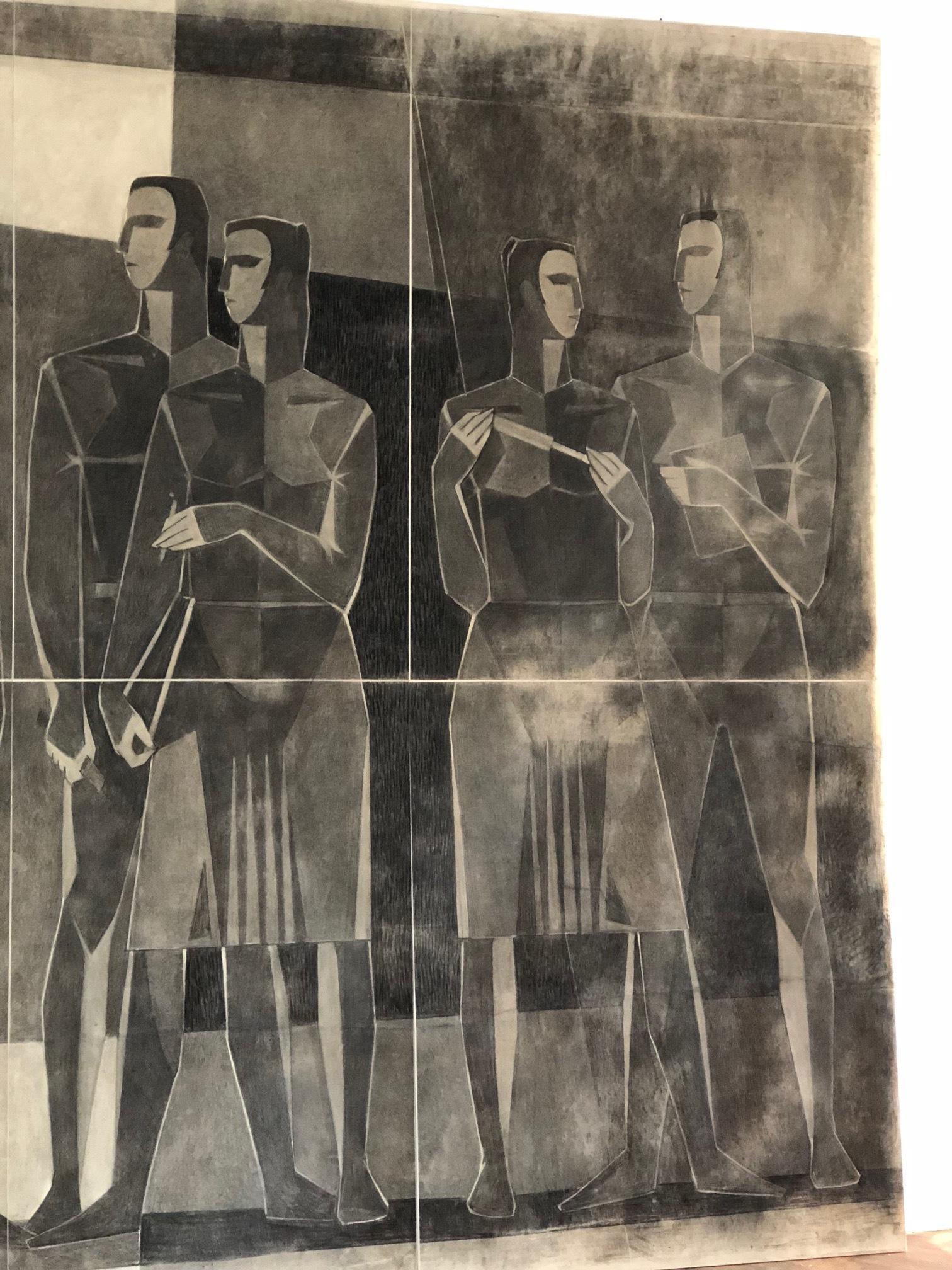 Monumentales kubistisches Kohlezeichnungspapier auf Leinwand, signiert von Lajos Kantor im Angebot 5