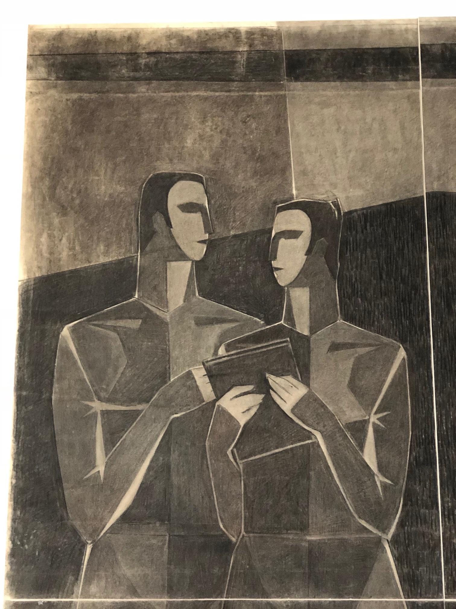 Monumental Cubist Charcoal Drawing Paper on Canvas Signed By Lajos Kantor For Sale 6