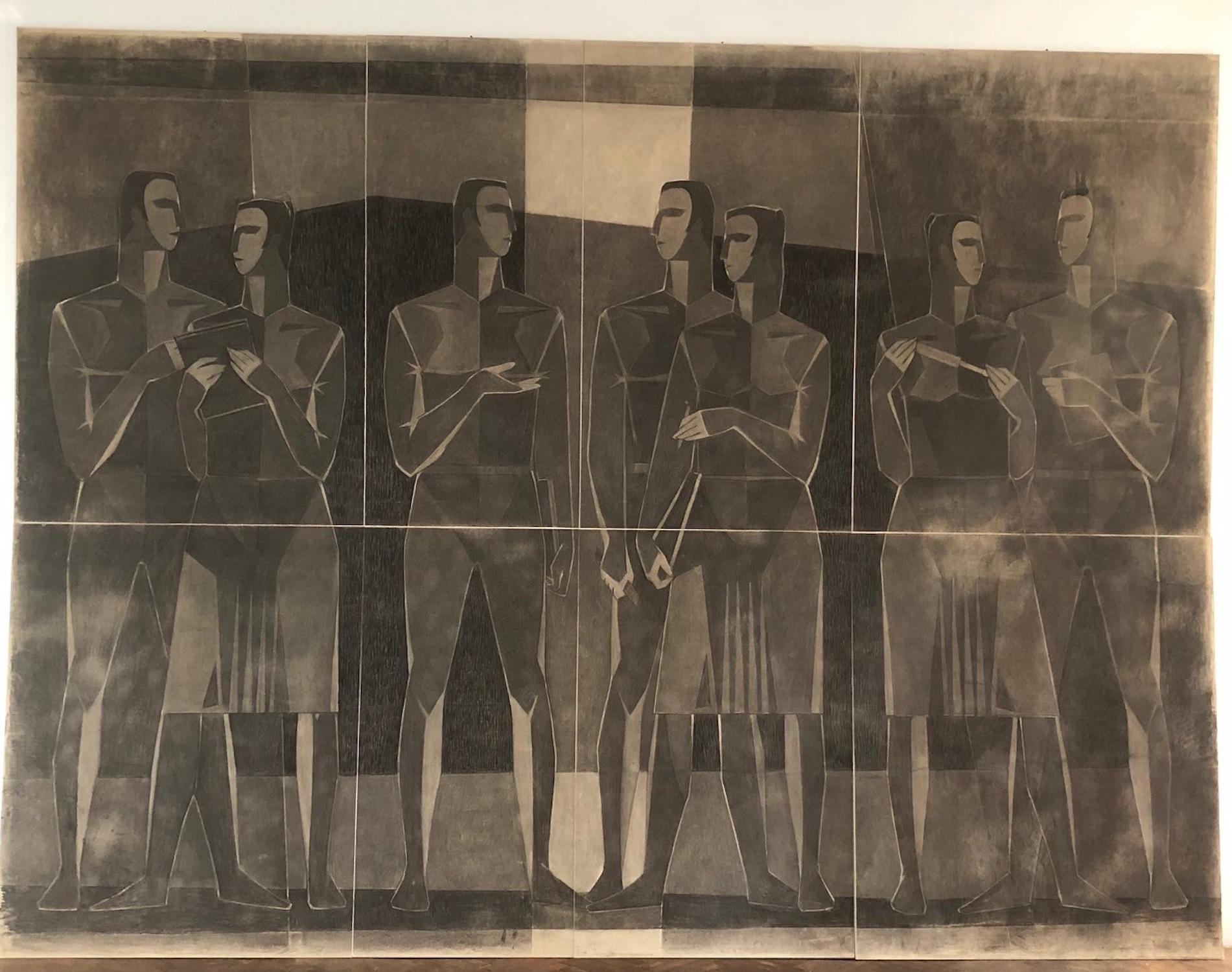 Outstanding Monumental  Artwork Consists of 8 mounted Cubist charcoal drawings mounted on blind canvas frames.  
Drawing for the Panon University Hall Mosaic Project executed in 1965, City of Veszprem, Hungary. 
size : 420 x 370 cm cca

Lajos Kántor