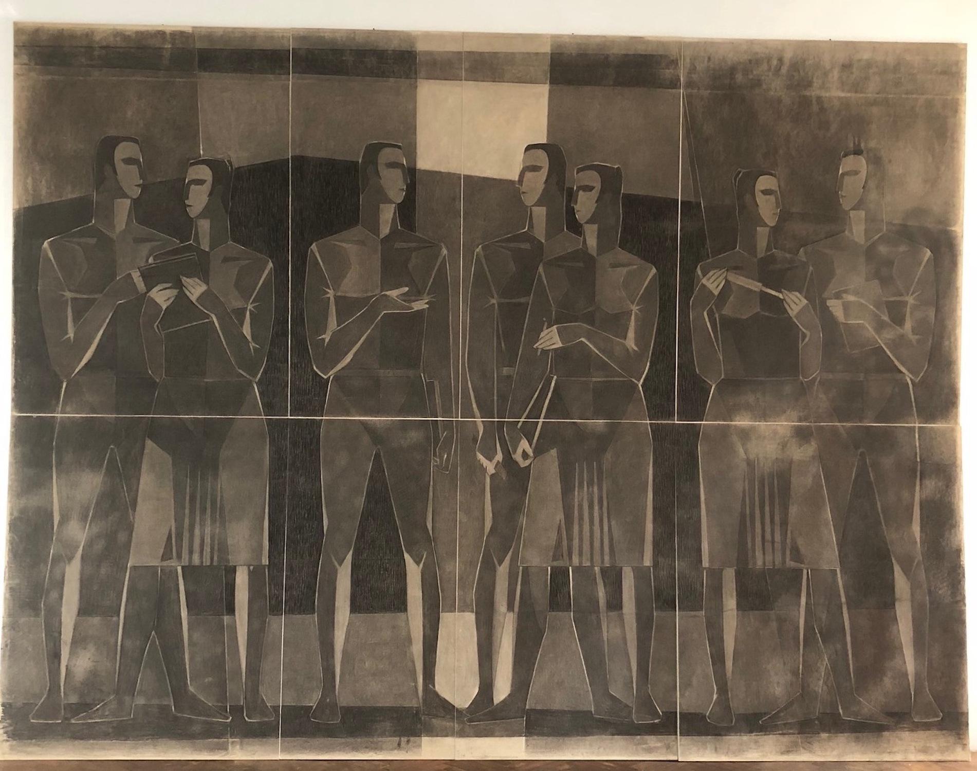 Monumental dibujo cubista al carboncillo Papel sobre lienzo Firmado por Lajos Kantor