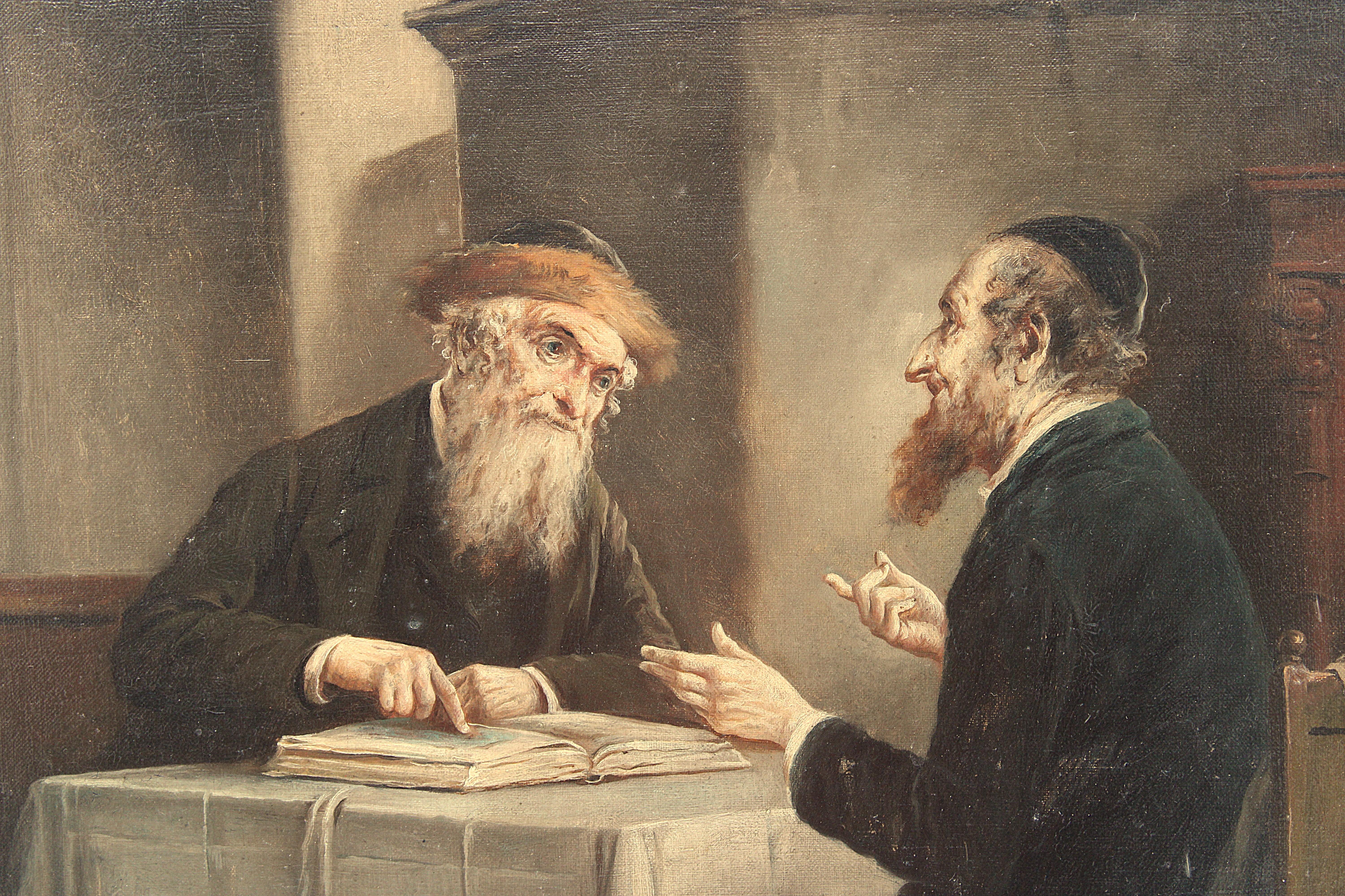 Ein meisterhaft gemaltes Ölgemälde auf Leinwand, das zwei Rabbiner zeigt, die an einem Tisch sitzen und sich angeregt über die heiligen Texte unterhalten. Der Tisch ist mit einem einfachen weißen Tuch bedeckt, das schwer zu Boden fällt und von einem