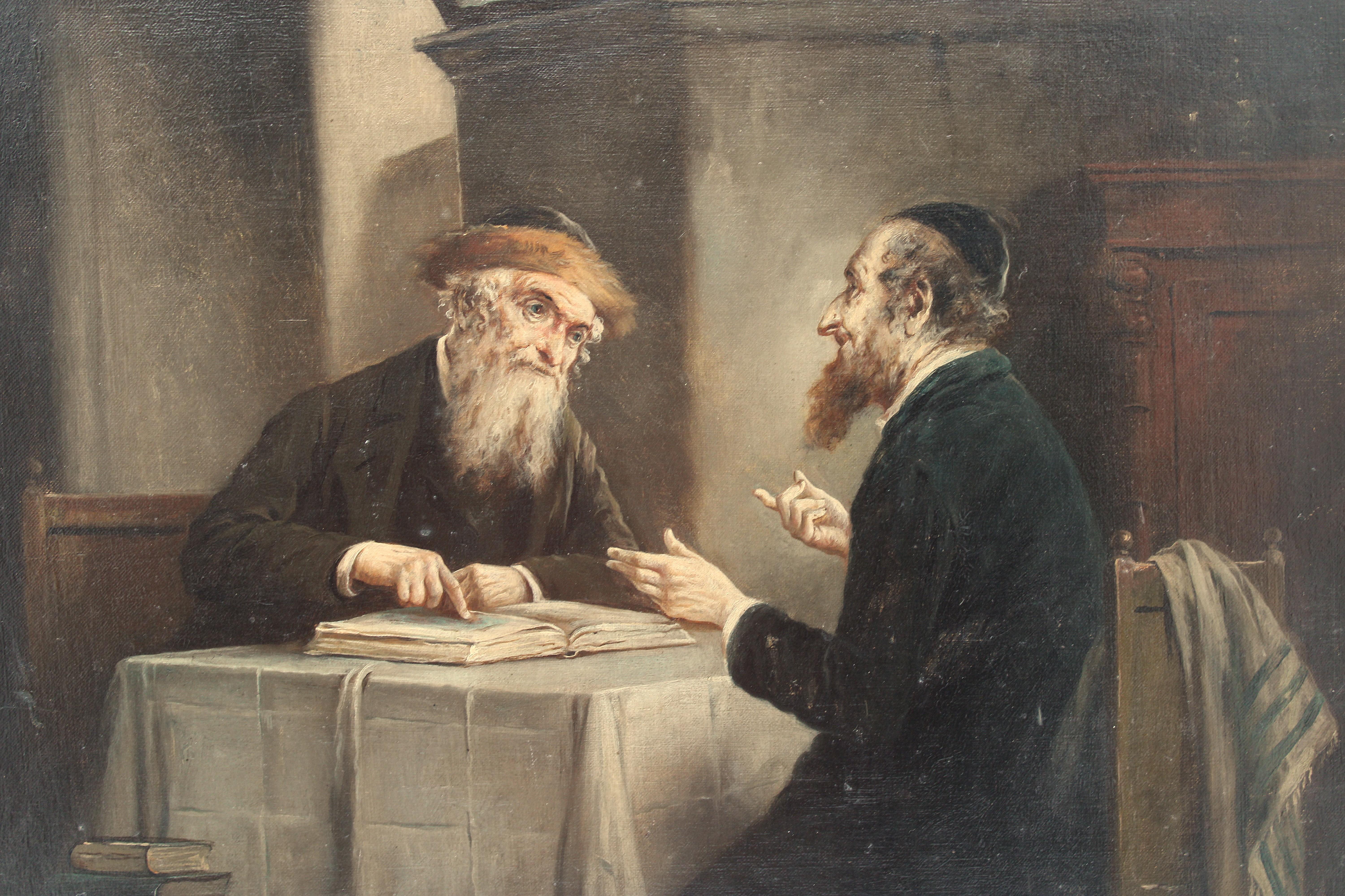 Lajos Kolozsvary, Rabbinical Discussion, Oil on Canvas (Handbemalt) im Angebot