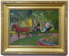 Nel parco, Parigi, Francia, Olio impressionista, Cavallo e carrozza, Giardini