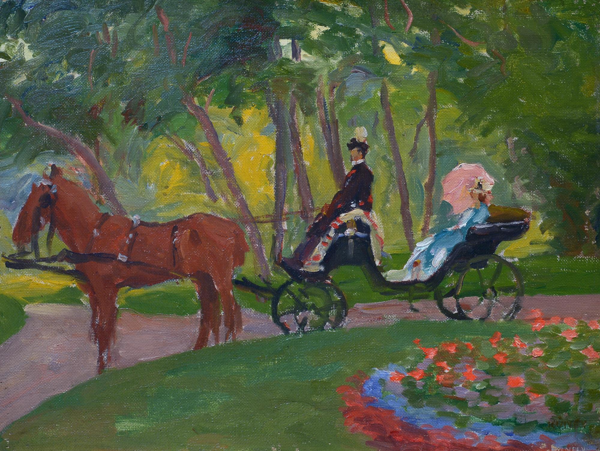 Im Park, Paris, Frankreich, impressionistisches Ölgemälde, Pferd und Kutsche, Gärten