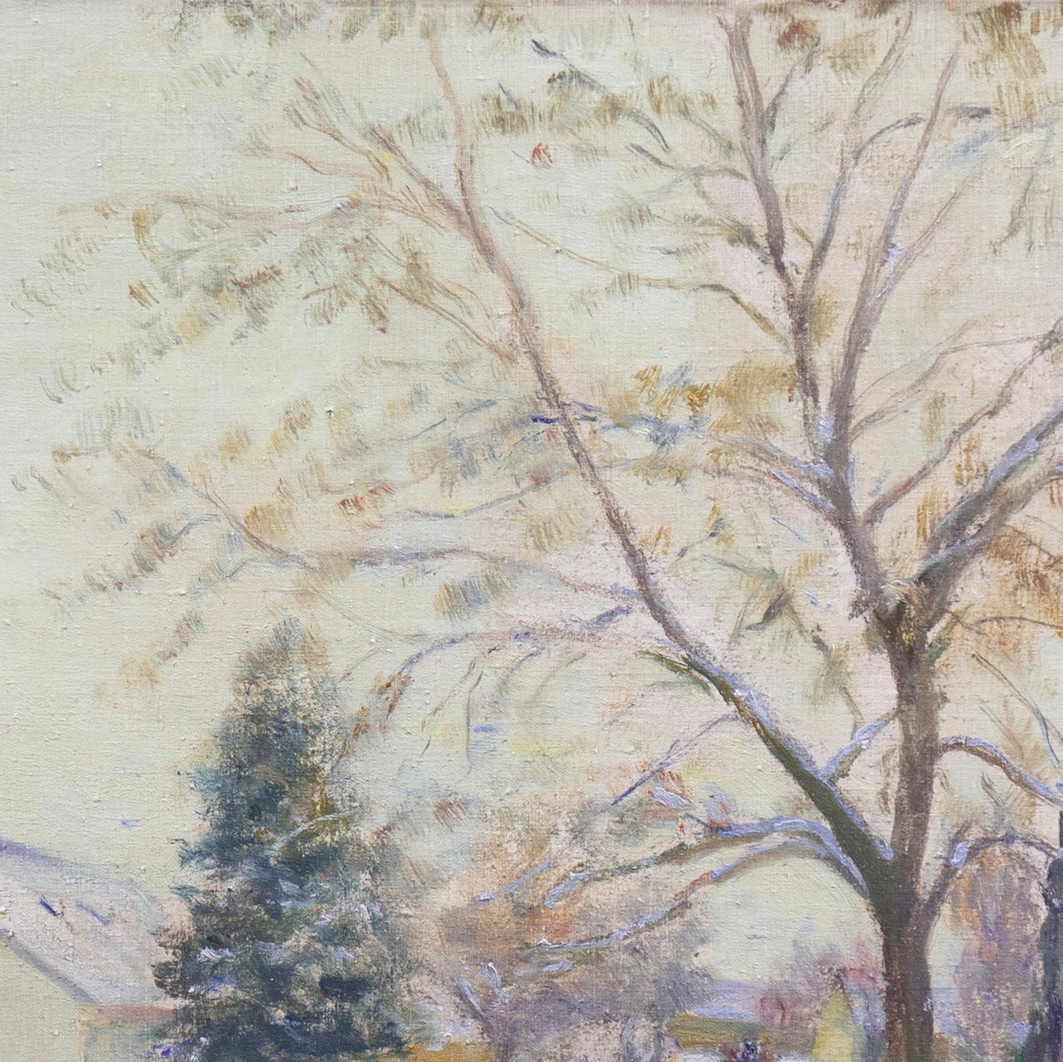 Signed lower right, 'Kunffy' for Lajos Kunffy (Hungarian, 1869-1962); additionally signed, verso, on stretcher bar and inscribed, 'Somogyi' with partial label. 

A winter landscape showing a view of a town in the county of Somogyi, Hungary.

Born in