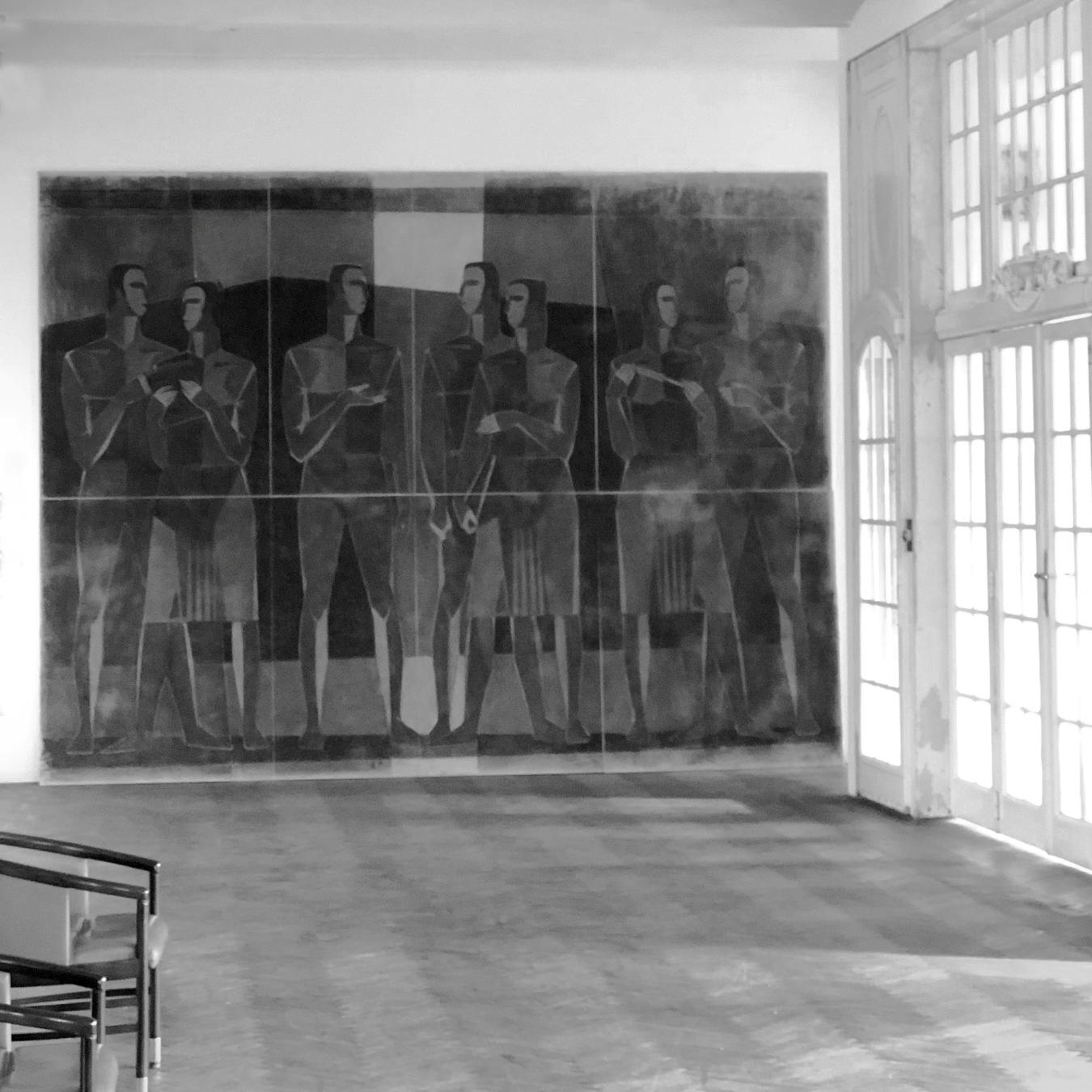 Lajos Kantor b. 1922-2013
Study for mosaic executed in 1964 for University of Pannonia, Veszprem, Hungary.
Large size composition on 8 panels. Pencil and charcoal drawing/study on paper adhered to canvas.
Mosaic was executed in 1965 and is in
