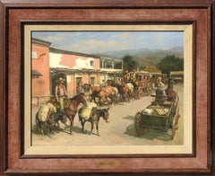 Vintage "Border Town", Lajos Markos, Original Oil/Canvas, 28x36 in., Western Art, Cowboy