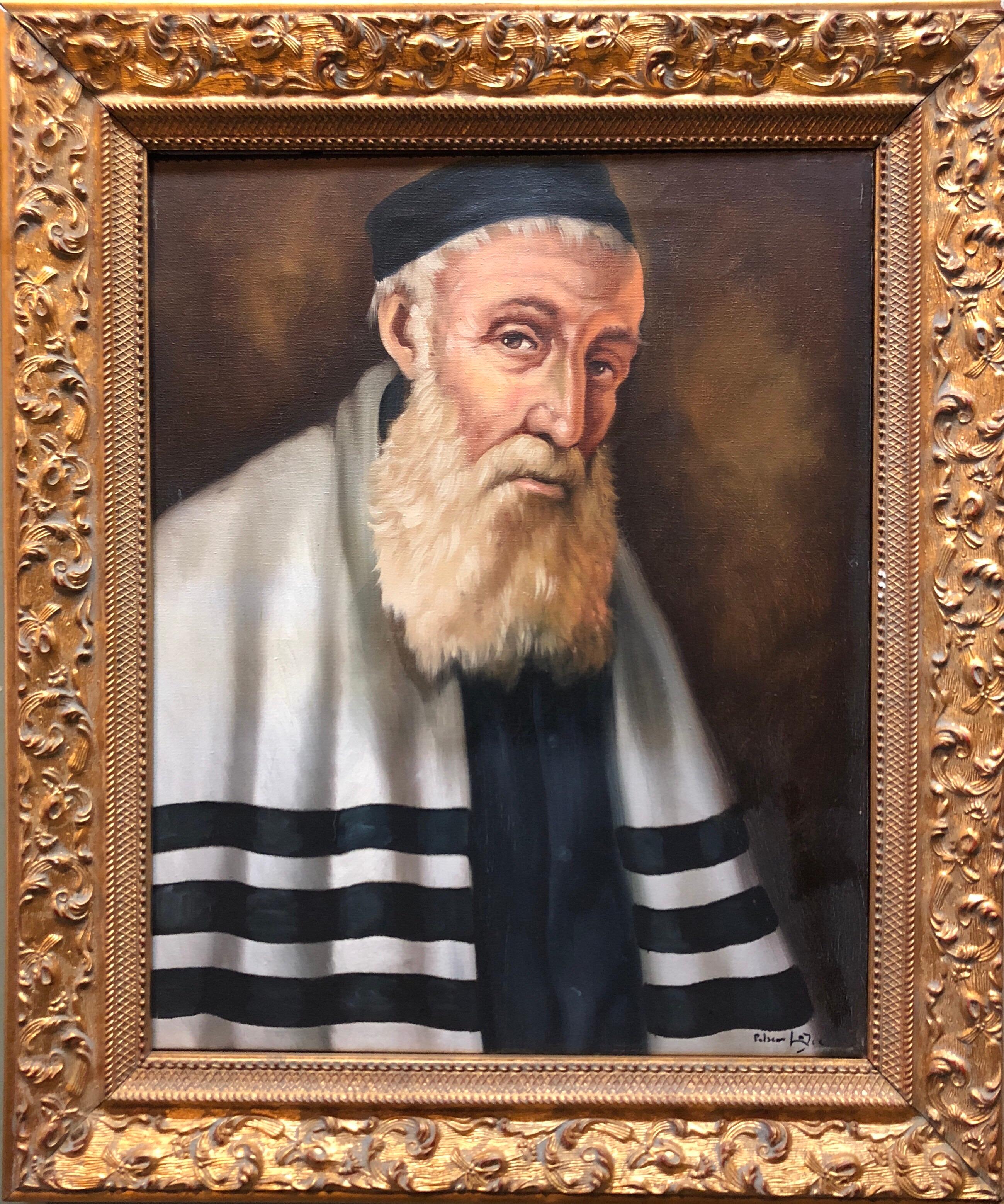 Rare Rabbin juif hongrois Judaica Peinture à l'huile Portrait - Painting de Lajos Polczer