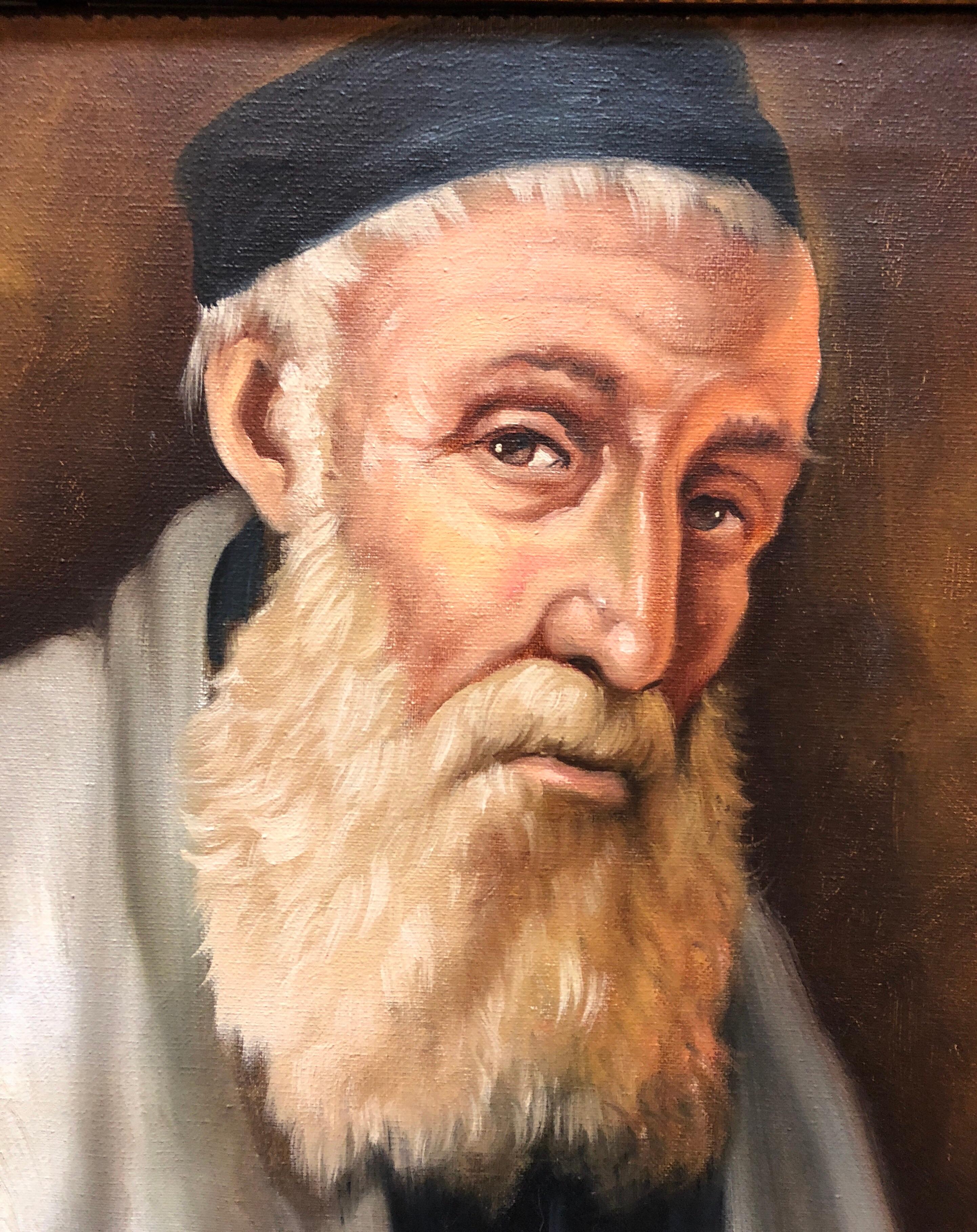  Rare Hungarian Jewish Rabbi Judaica Oil Painting Portrait - Brown Portrait Painting by Lajos Polczer