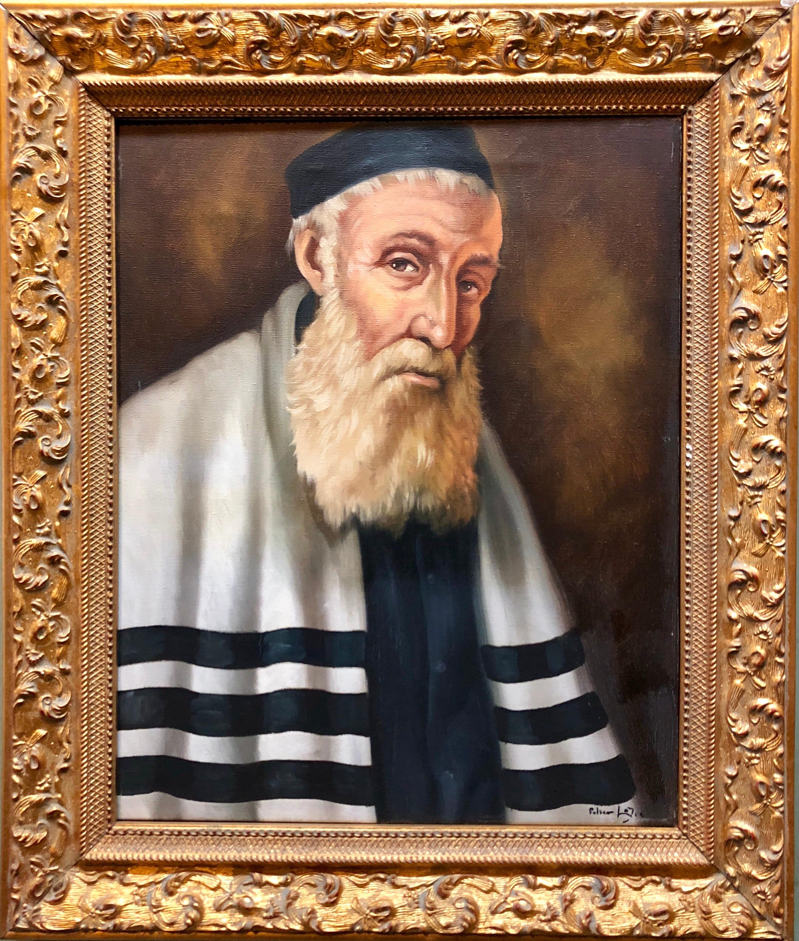 Lajos Polczer Portrait Painting -  Rare Hungarian Jewish Rabbi Judaica Oil Painting Portrait