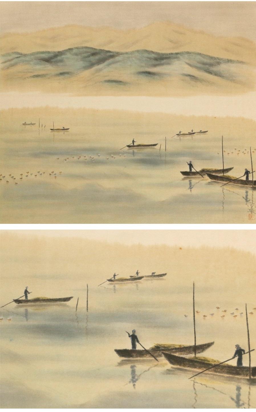 Japanese Lake Awasaru Scene Meiji Period Scroll Japan 19c Artist Marked Nihonga Style For Sale