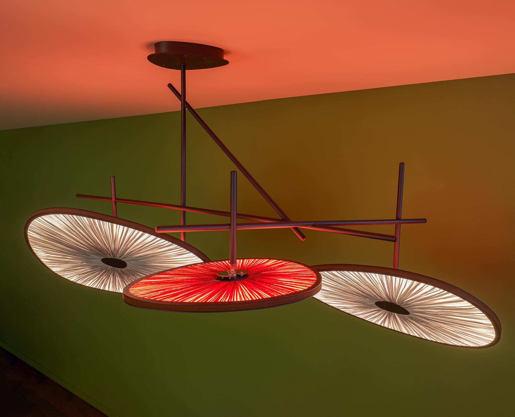 Le plafonnier Lake Doiran est un appareil d'éclairage unique et élégant qui fonctionne comme une œuvre d'art lumineuse dans n'importe quel espace. Le design de ce luminaire explore le jeu de la lumière et de la couleur, avec des abat-jour en soie