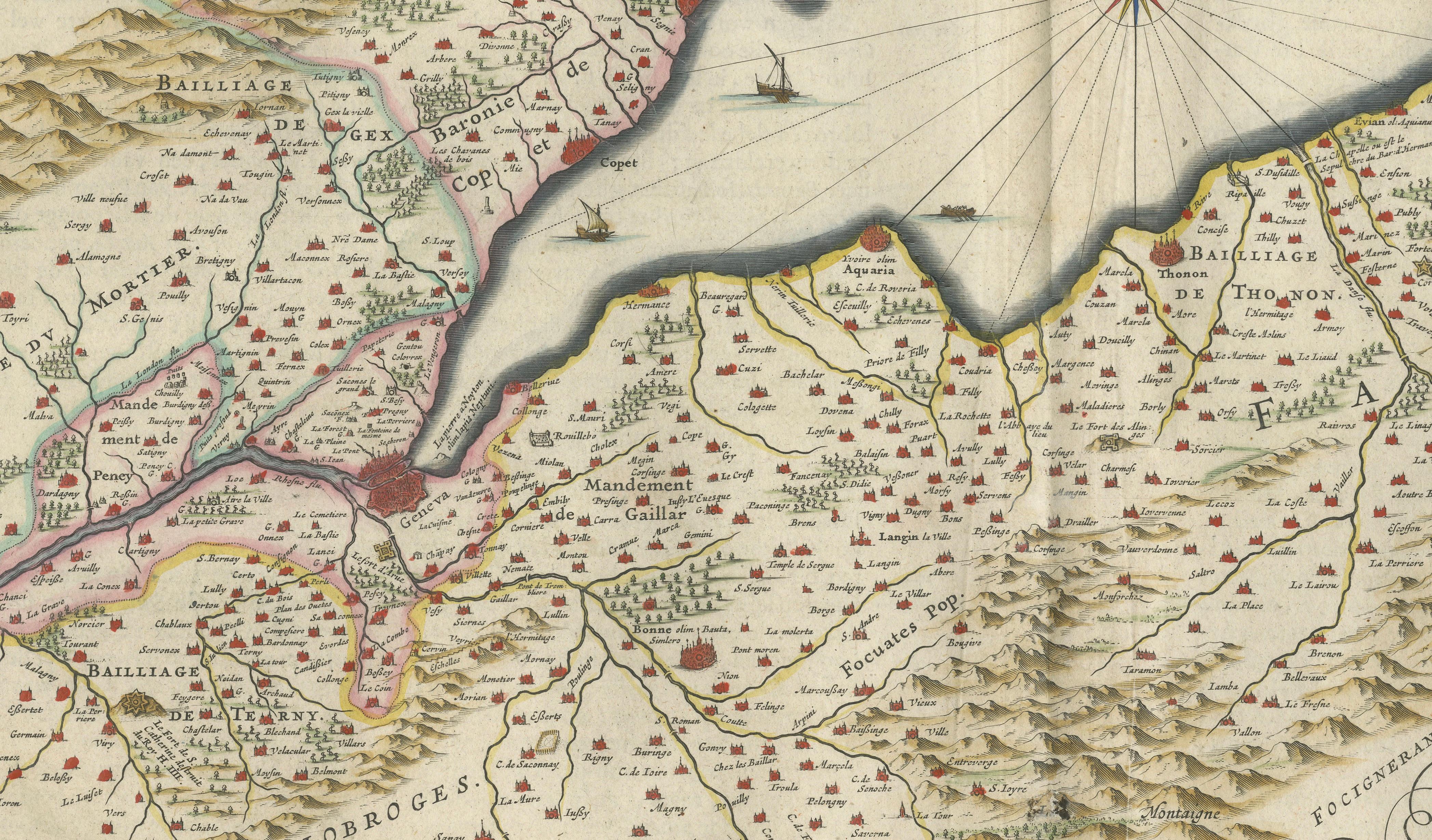 Lake Geneva Antique Blaeu Atlas Map of Geneva and Léman, 1642