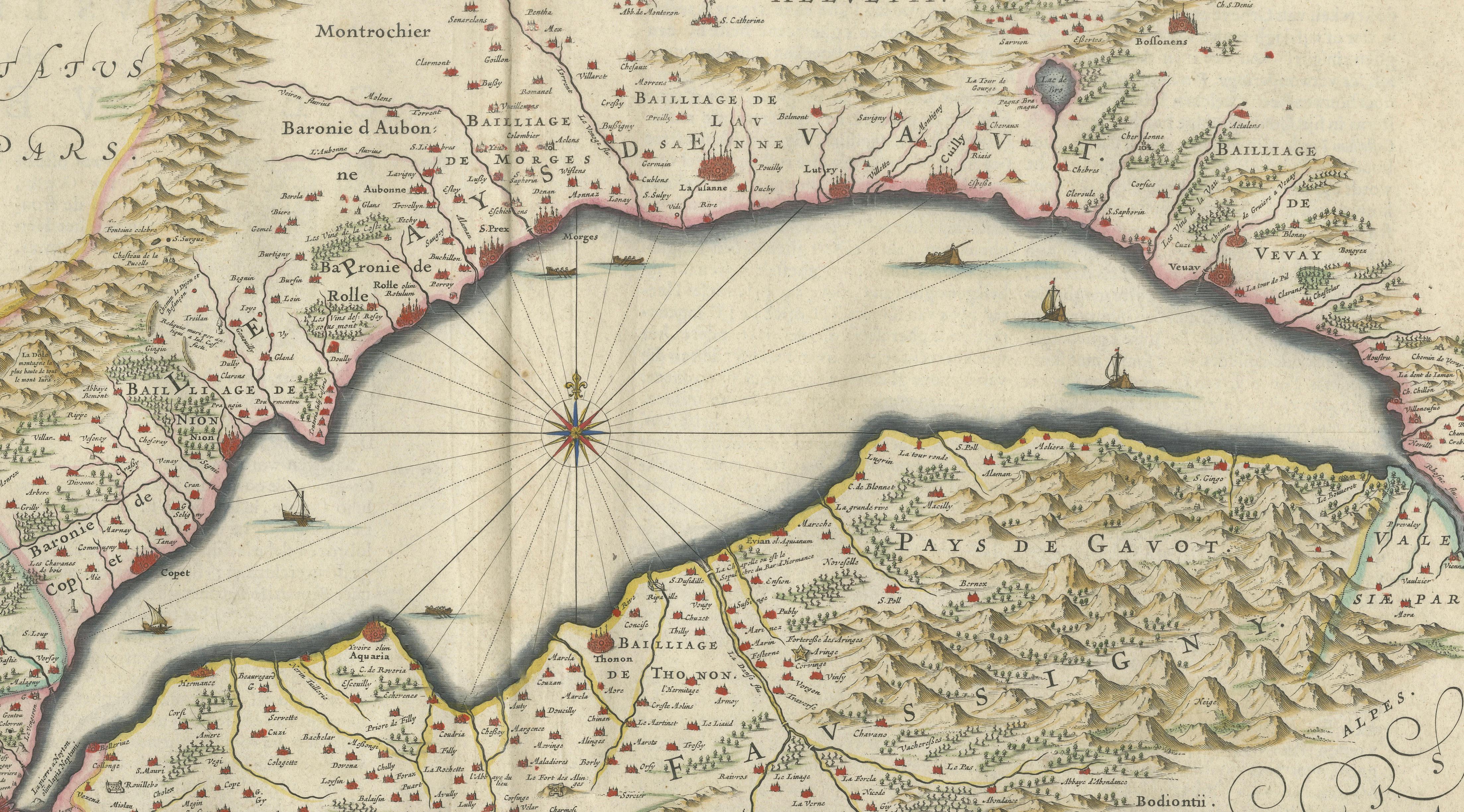 Lake Geneva Antique Blaeu Atlas Map of Geneva and Léman, 1642