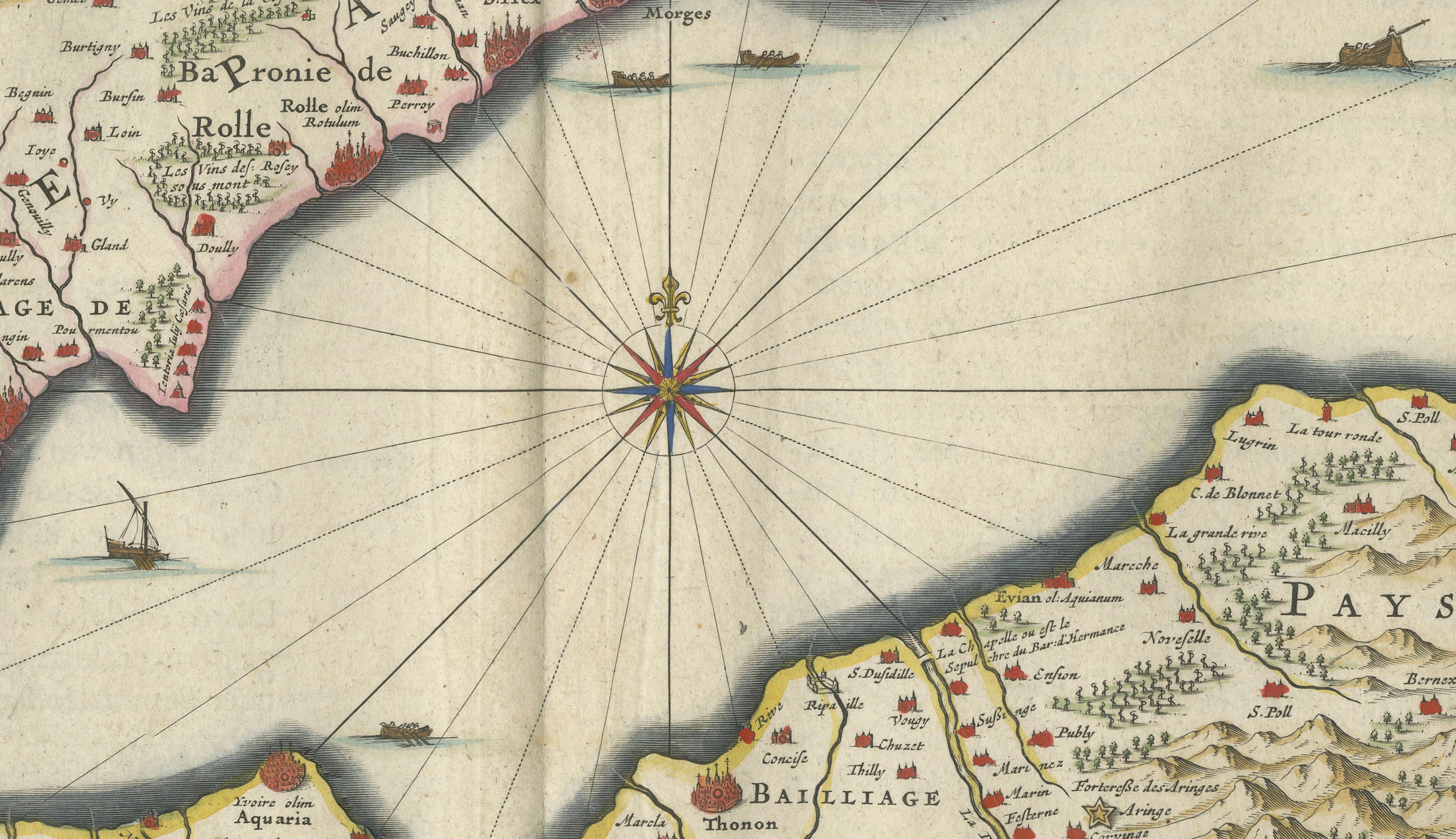 Lake Geneva Antique Blaeu Atlas Map of Geneva and Léman, 1642