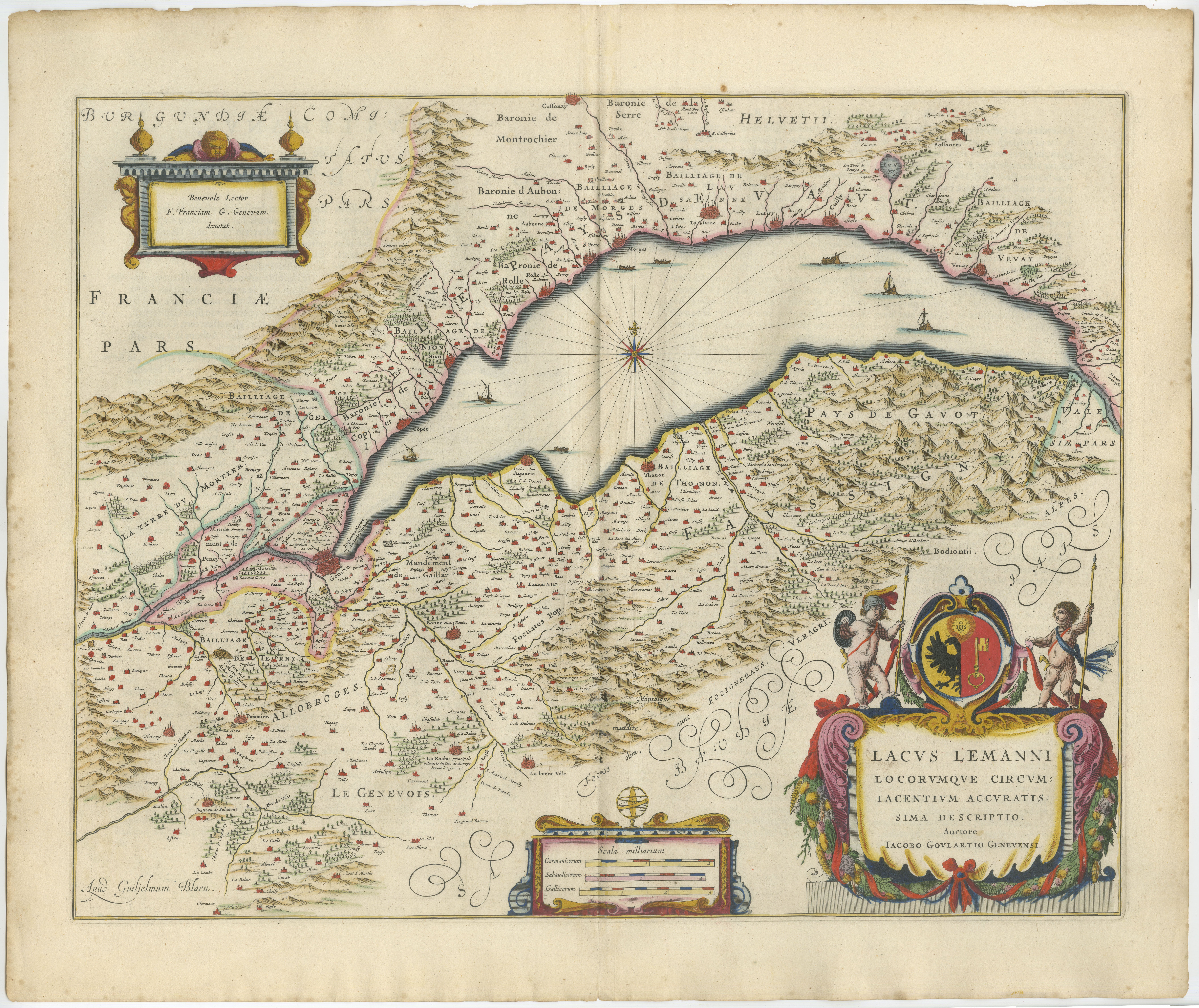 Lake Geneva Antique Blaeu Atlas Map of Geneva and Léman, 1642