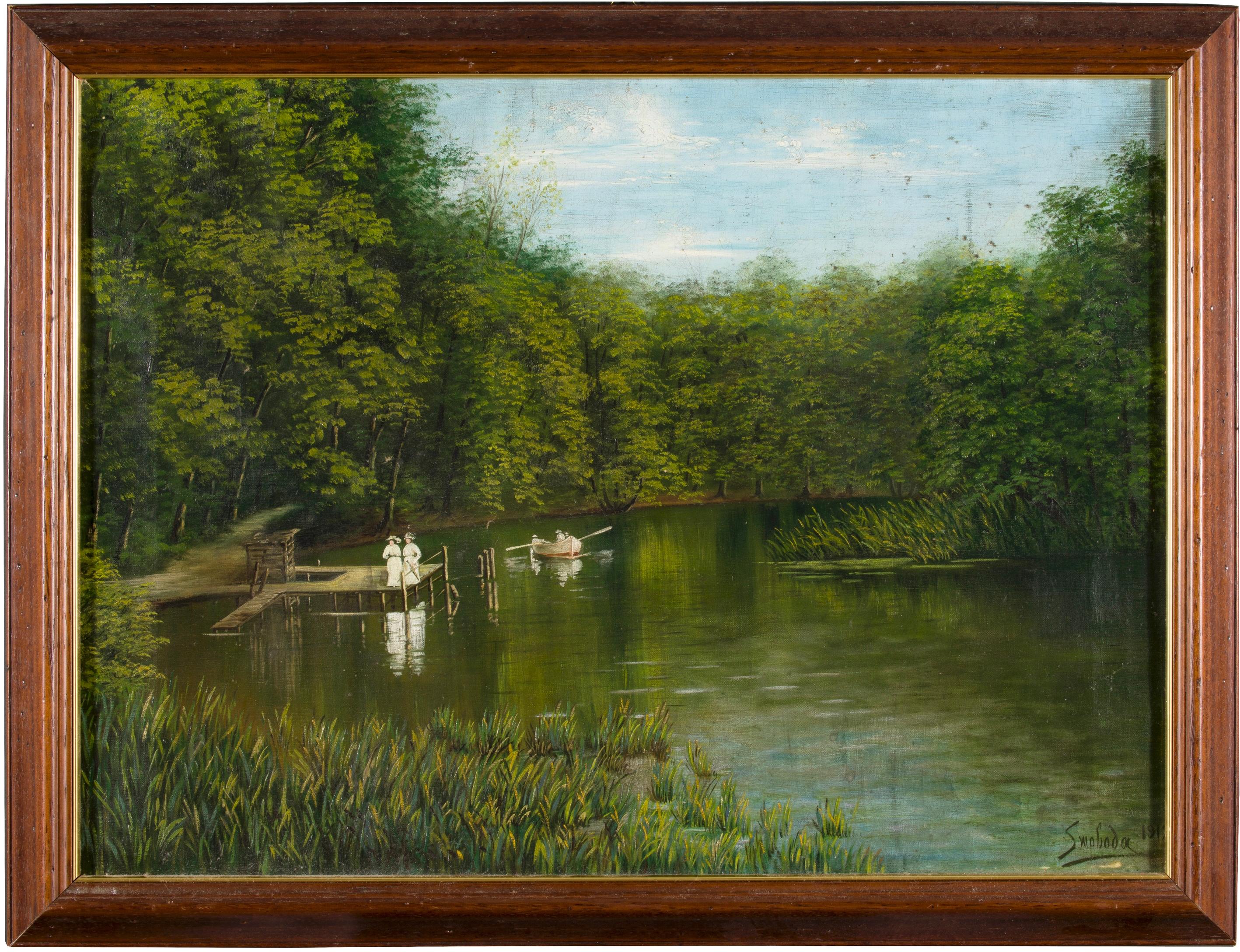 Peinture de paysage de lac sur toile signée par Rudolf Swoboda le Jeune en vente 1