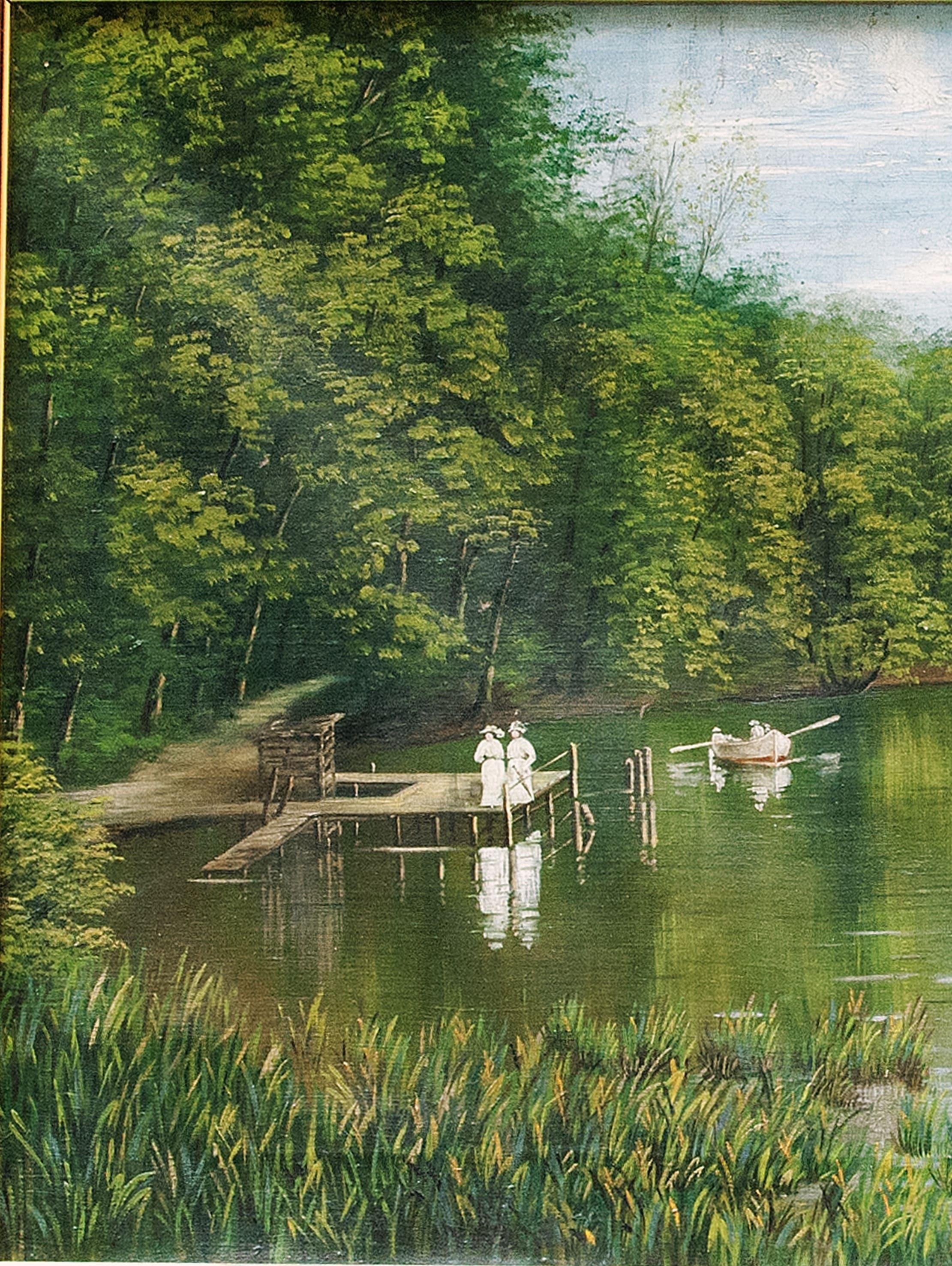 Autrichien Peinture de paysage de lac sur toile signée par Rudolf Swoboda le Jeune en vente