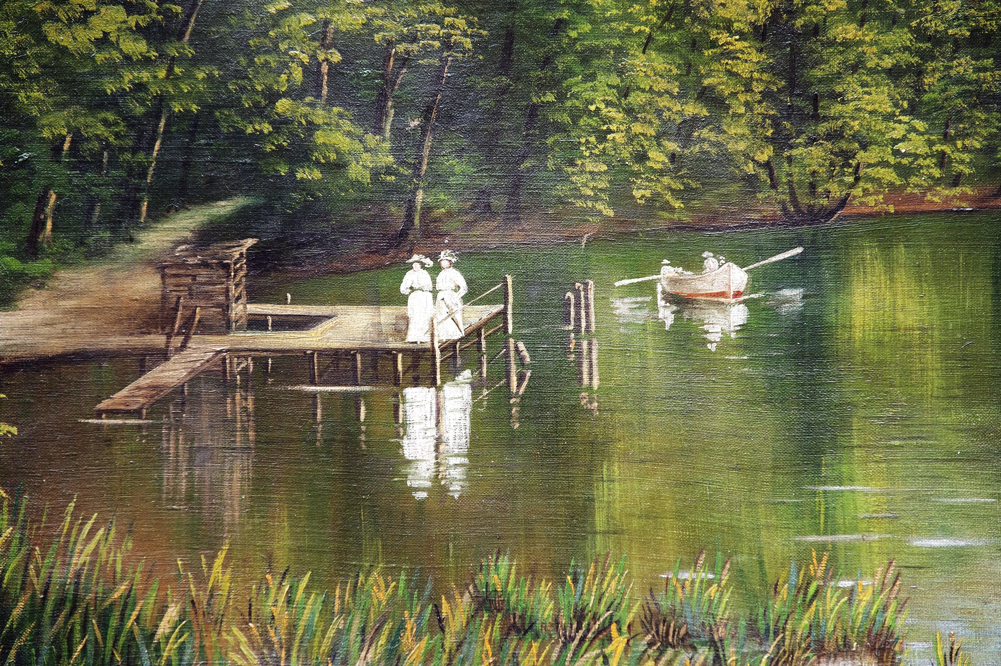 Début du 20ème siècle Peinture de paysage de lac sur toile signée par Rudolf Swoboda le Jeune en vente