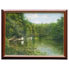 Lake Landscape Painting on Canvas signed by Rudolf Swoboda the Younger