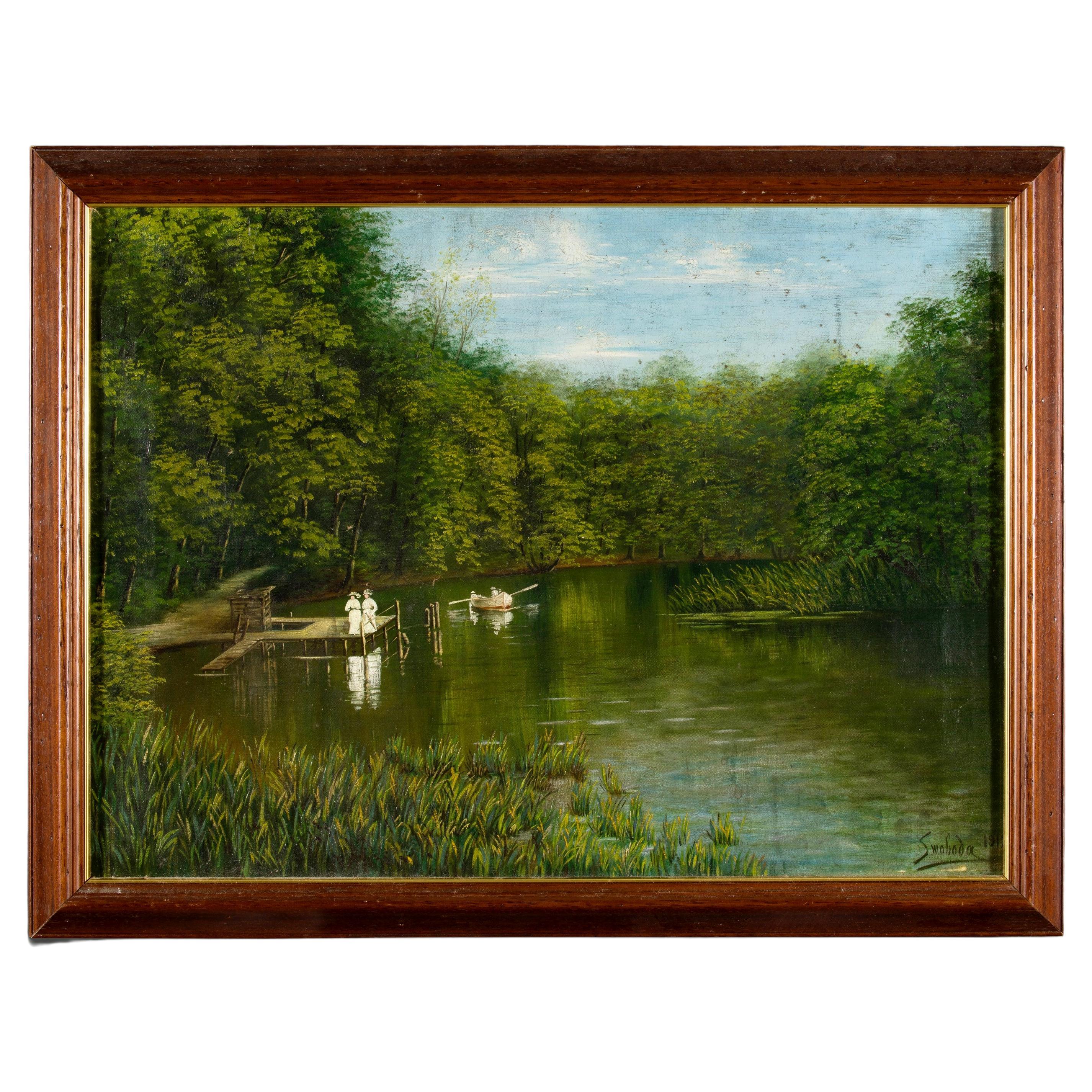 Peinture de paysage de lac sur toile signée par Rudolf Swoboda le Jeune en vente