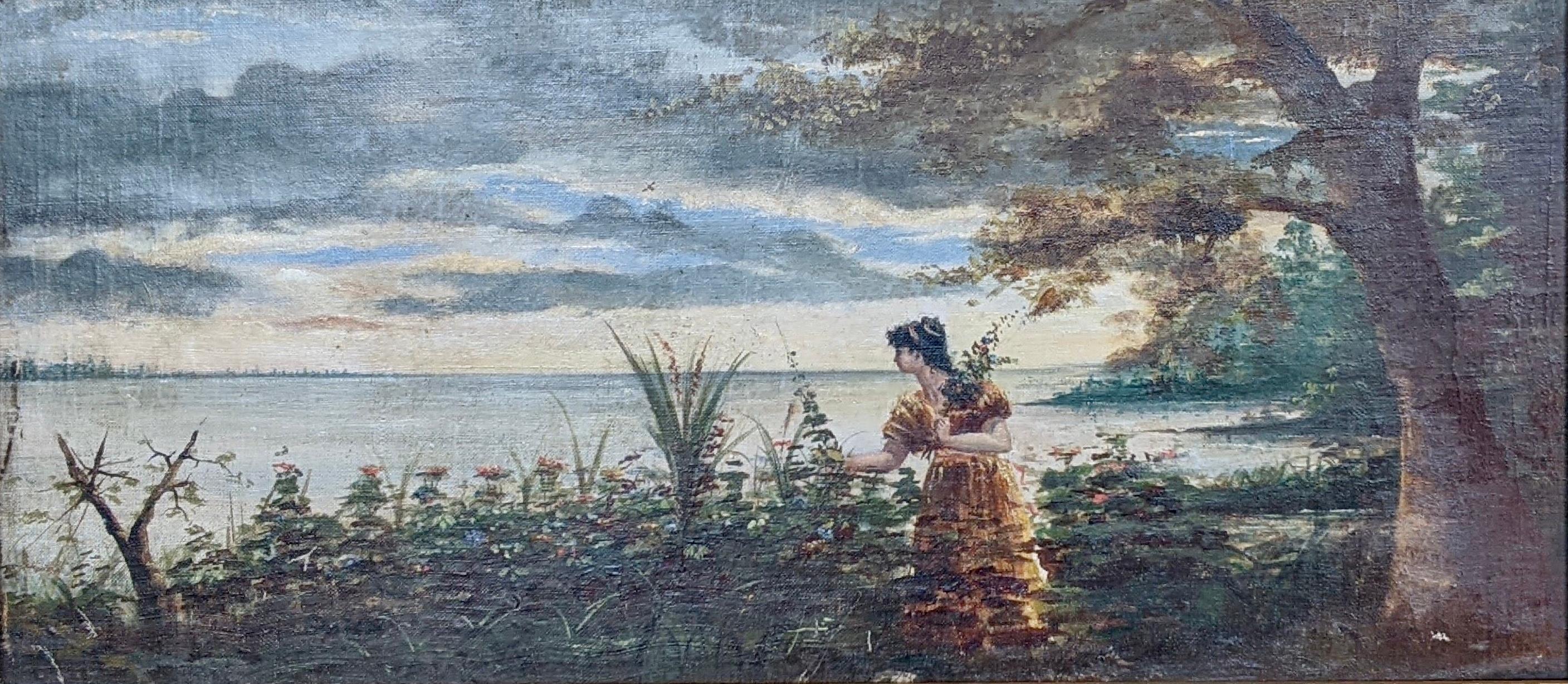 Lake landscape with a lady, oil on canvas, early 1900s.