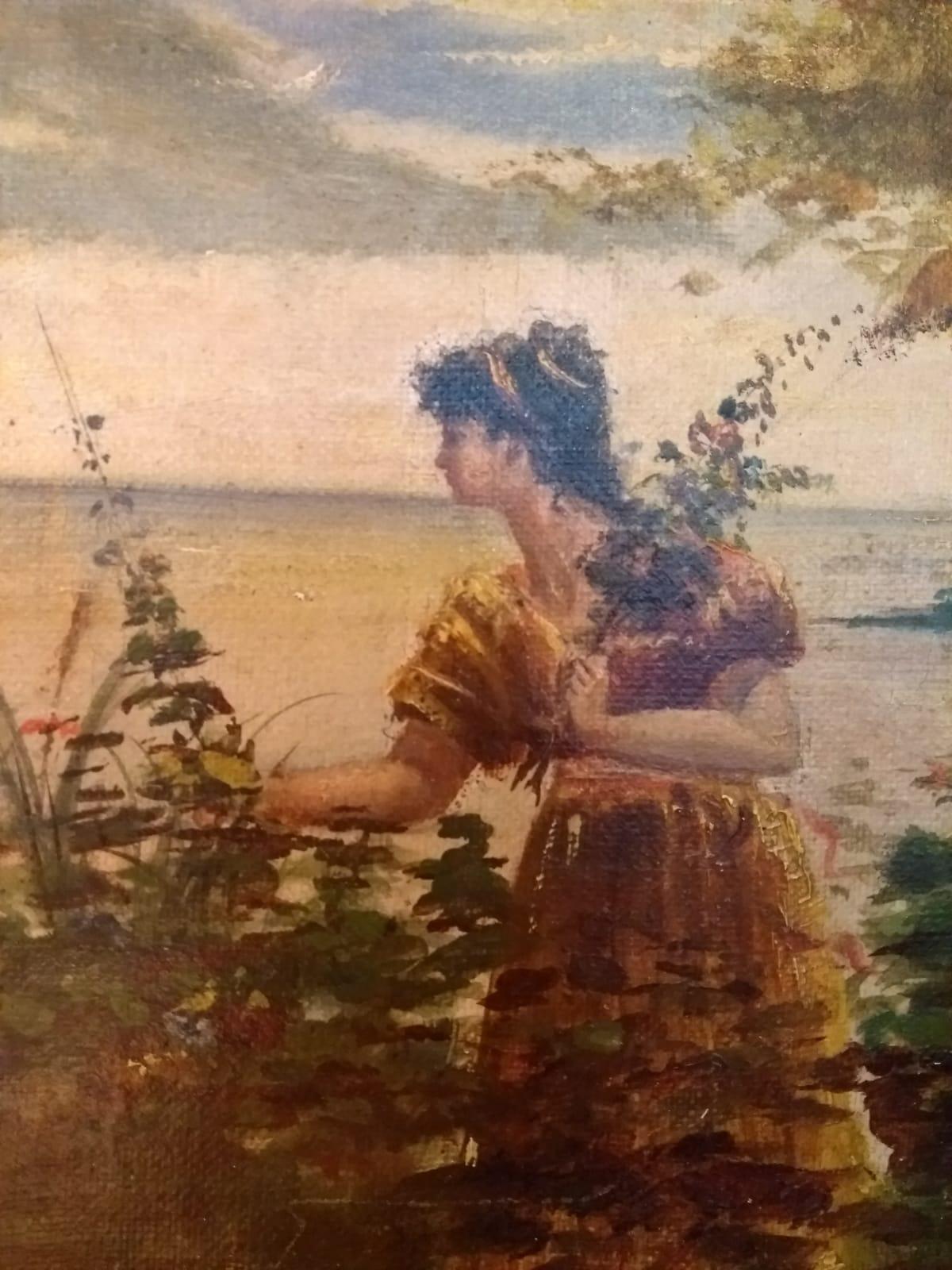 Hand-Crafted Lake Landscape with a Lady, Oil on Canvas, Early 1900s For Sale
