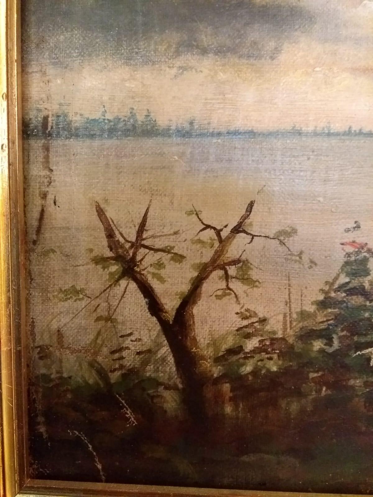 Lake Landscape with a Lady, Oil on Canvas, Early 1900s In Good Condition For Sale In Varese, Lombardia