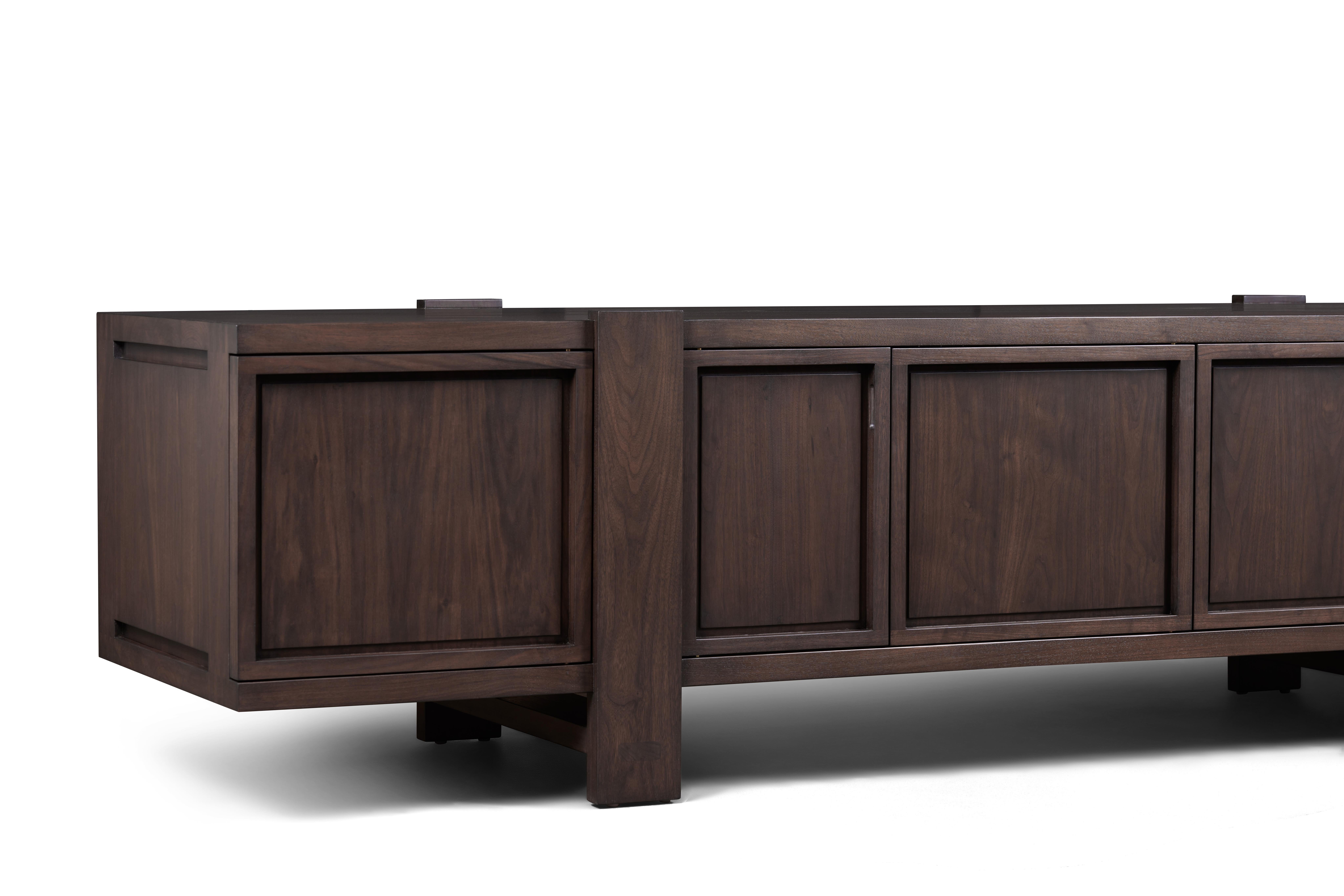 Woodwork Lake Credenza in Dark Walnut, with Interior Drawers, by August Abode For Sale