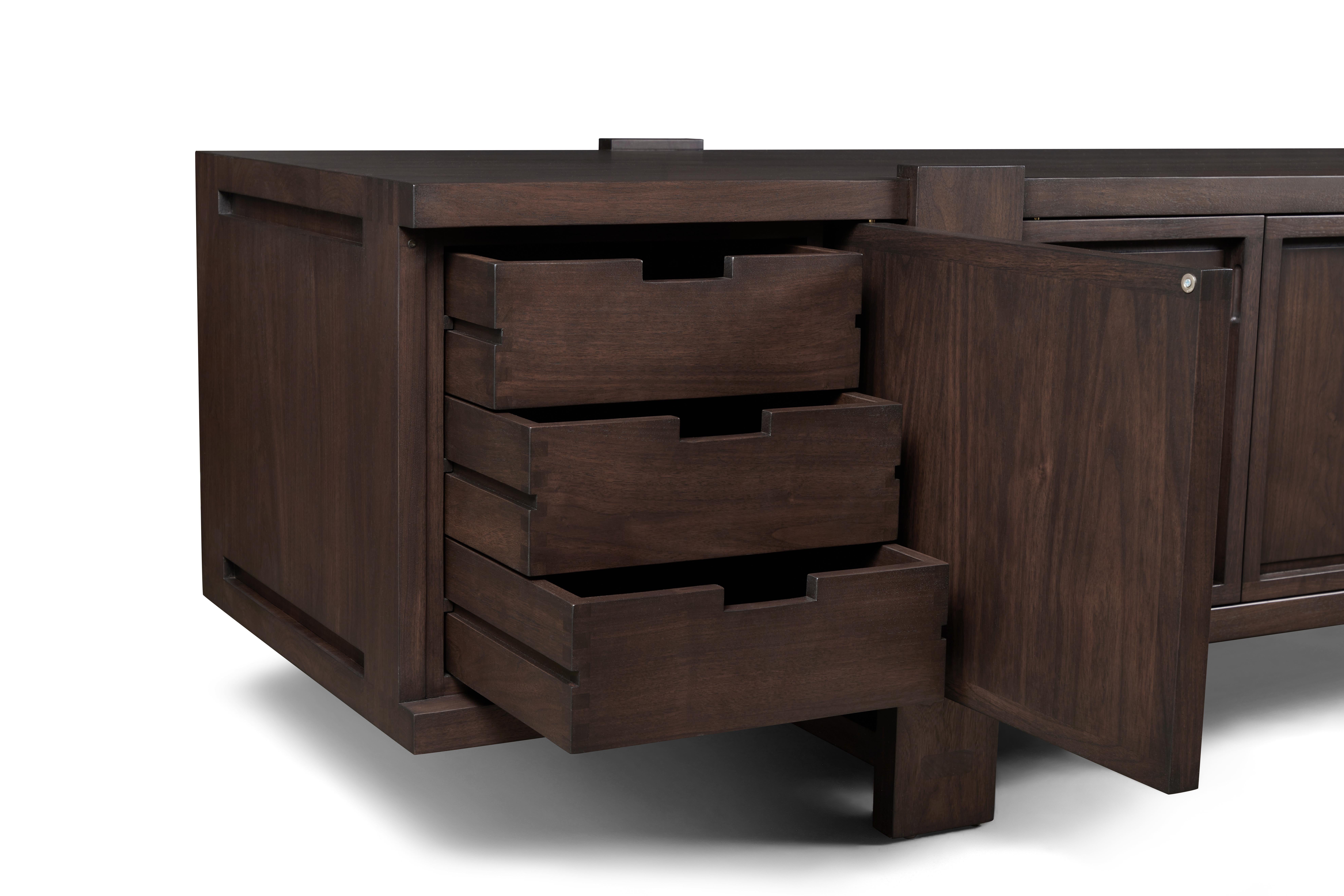 Contemporary Lake Credenza in Dark Walnut, with Interior Drawers, by August Abode For Sale